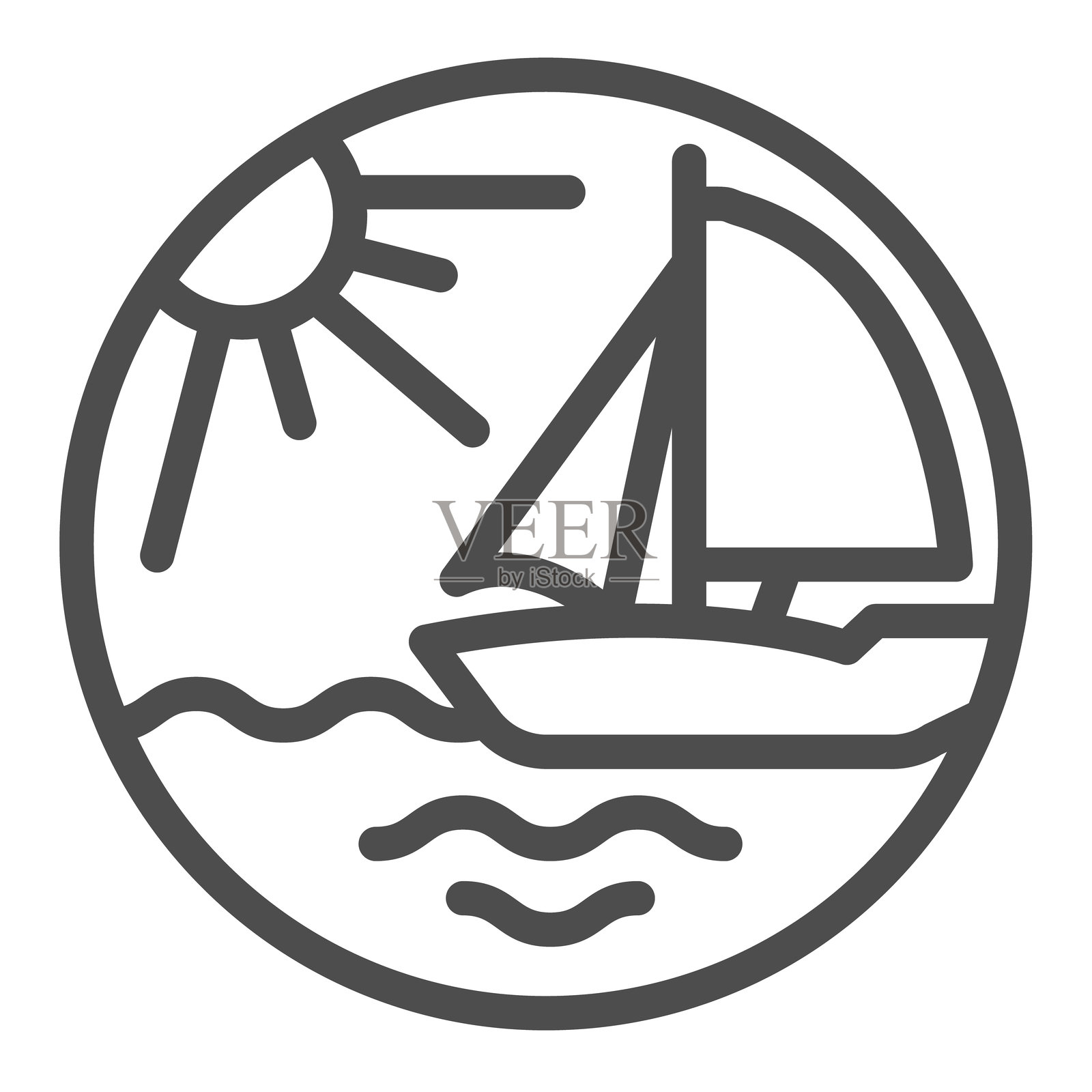 海上阳光下的游艇线条图标，热带航行概念。矢量图形。帆船旅行，水上交通标志，适用于移动或网页设计的白色背景轮廓风格图标。插画图片素材