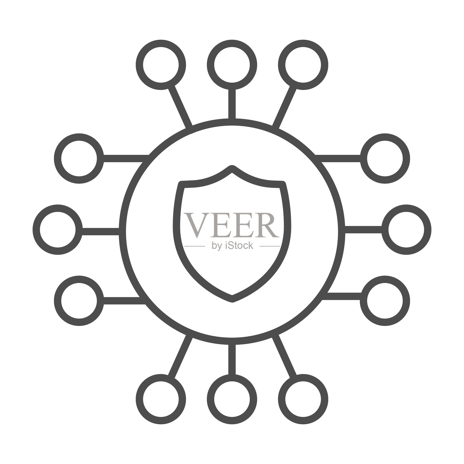 安全标志与连接的细线图标，神经网络概念。矢量图形。白色背景上的安全微芯片，硬件支持标志，适用于移动或网页设计的轮廓风格图标。插画图片素材