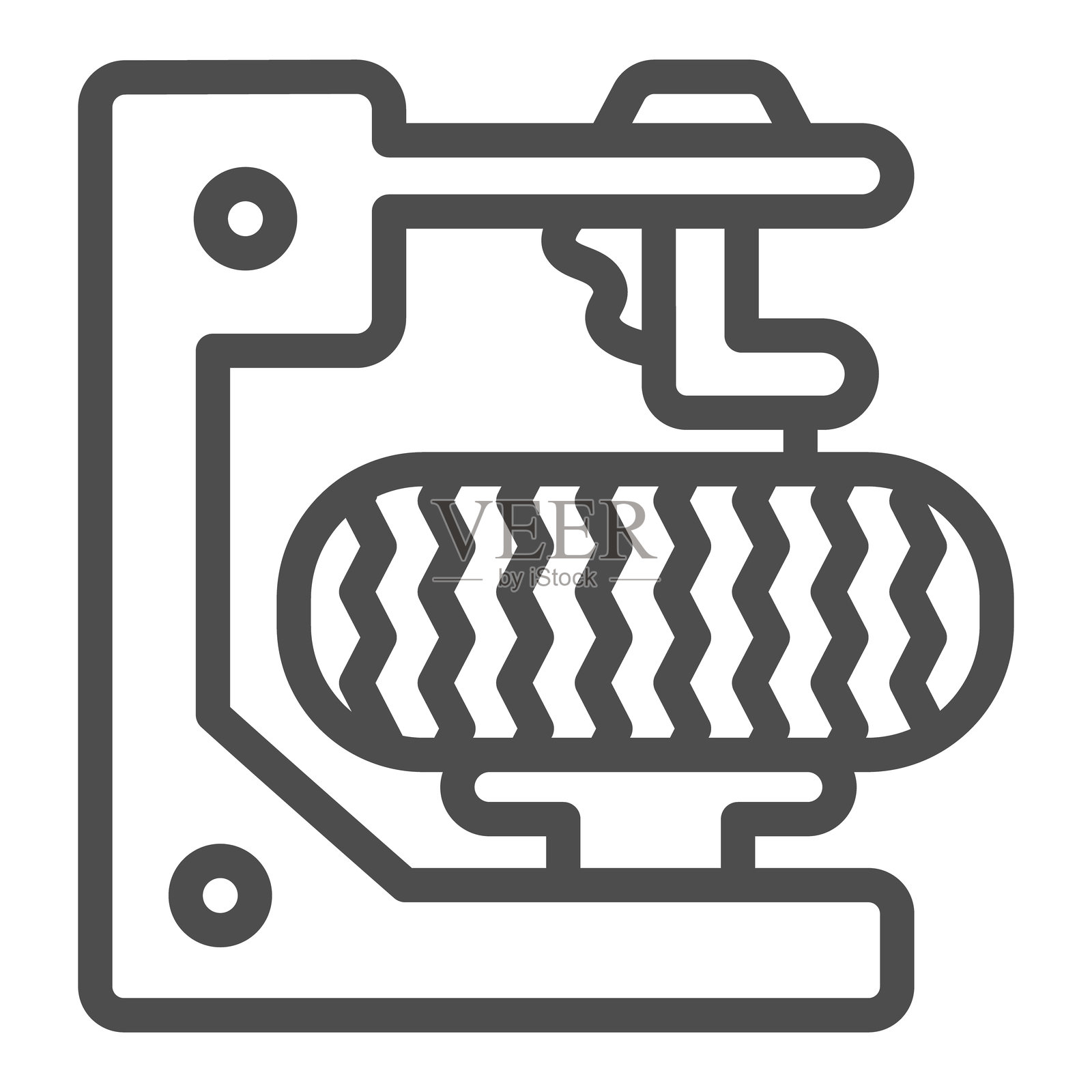 轮胎拆卸工作台线条图标，汽车服务概念。矢量图形。用于轮胎安装的汽车维修设备标志，白色背景上的轮廓风格图标，适用于移动或网页设计。插画图片素材