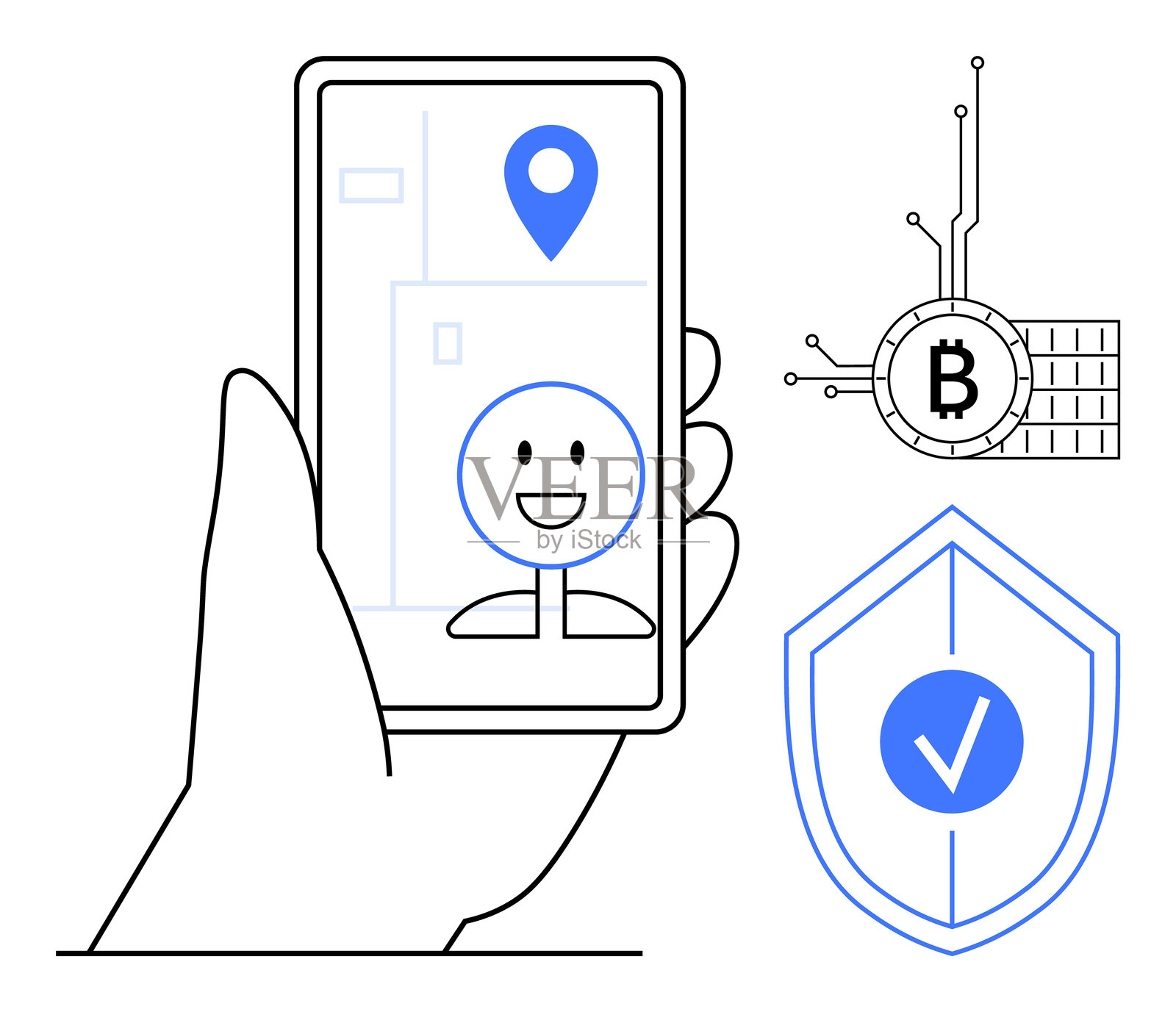 安全导航科技：现代移动使用中的GPS、加密货币和安全性插画图片素材