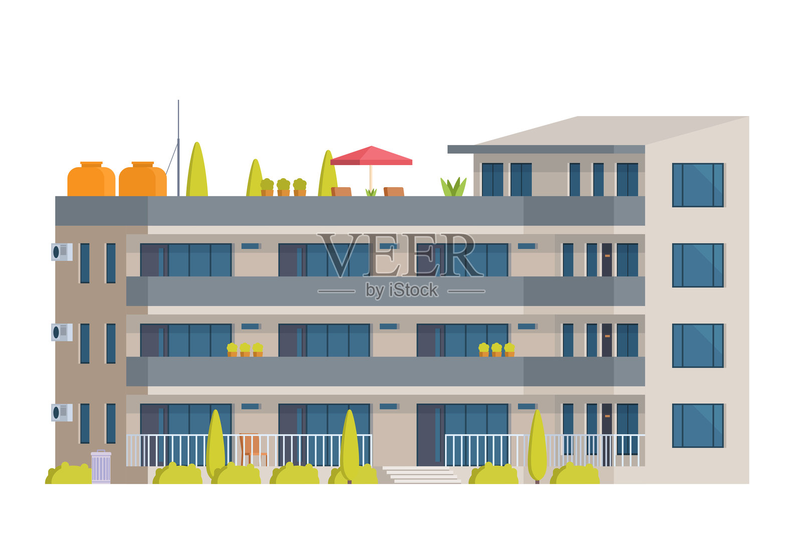公寓楼矢量插图。城市中层住宅，扁平风格和简洁设计。插画图片素材