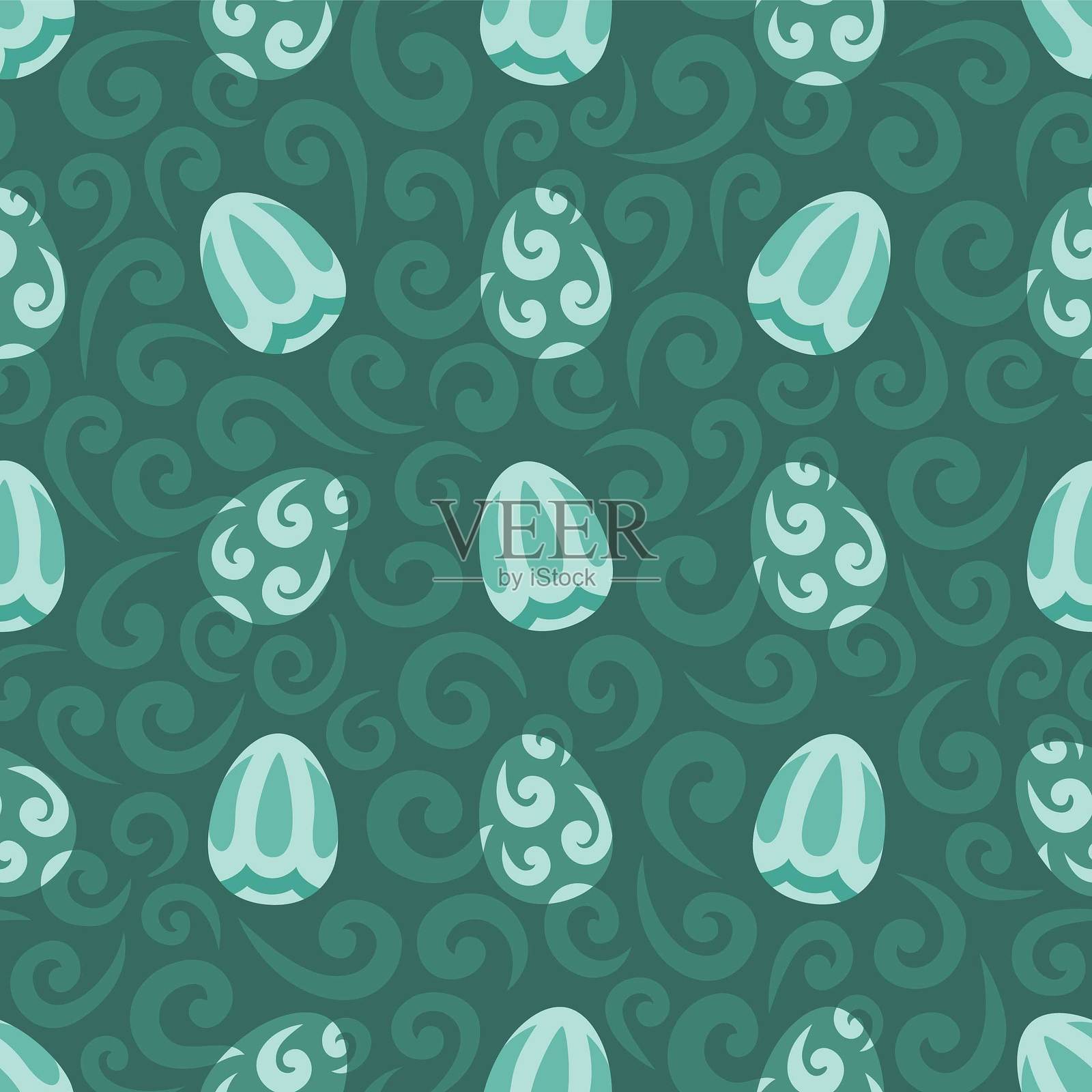 青色无缝图案，包含鸡蛋和涡旋元素插画图片素材