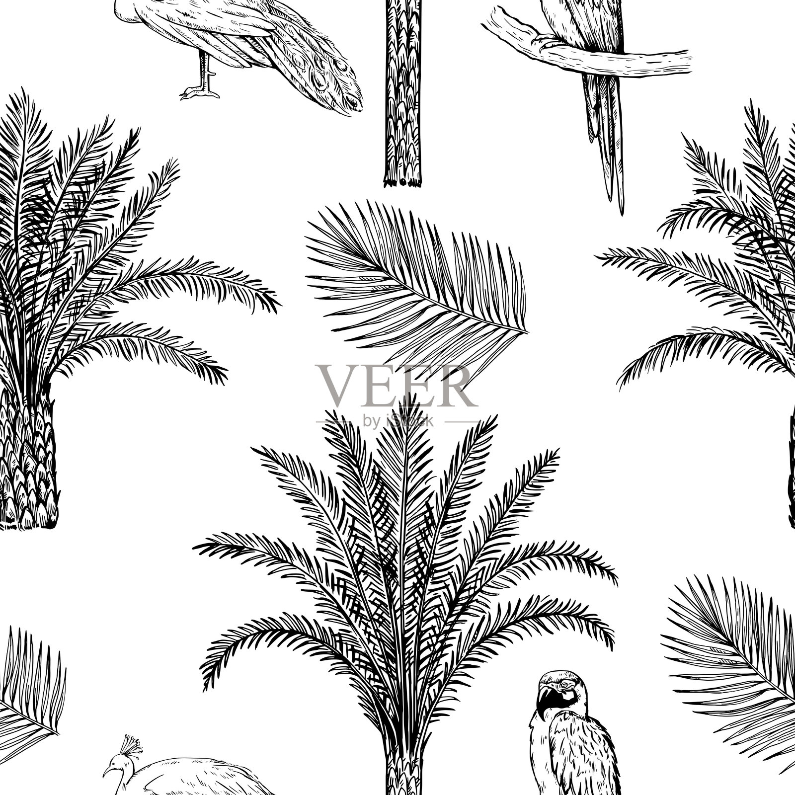 带有棕榈树、老虎和孔雀的无缝图案。用于纺织品和家居装饰设计的复古奢华雕刻风格的单色印刷。插画图片素材