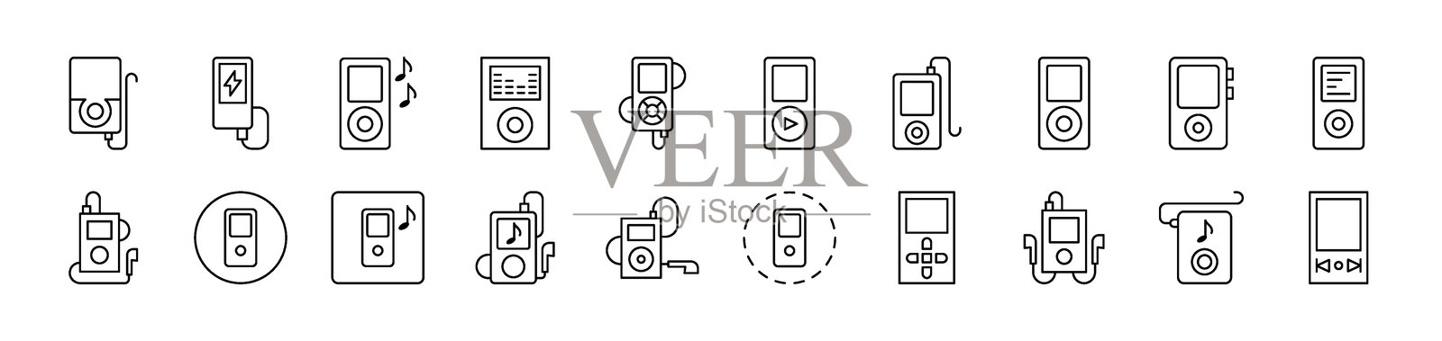 音乐播放器线条图标包。可编辑的线条。用于卡片、应用程序、横幅和帖子设计的极简线性图标。插画图片素材