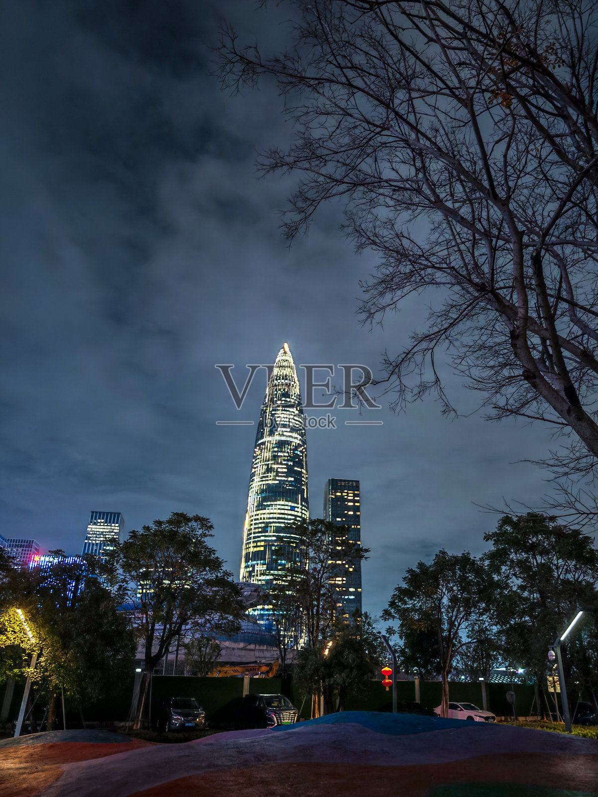 迷人的夜景展示了一座高楼在黑暗天空中璀璨的灯光。树木的剪影勾勒出这座城市的景象,为其增添了一丝自然气息。照片摄影图片