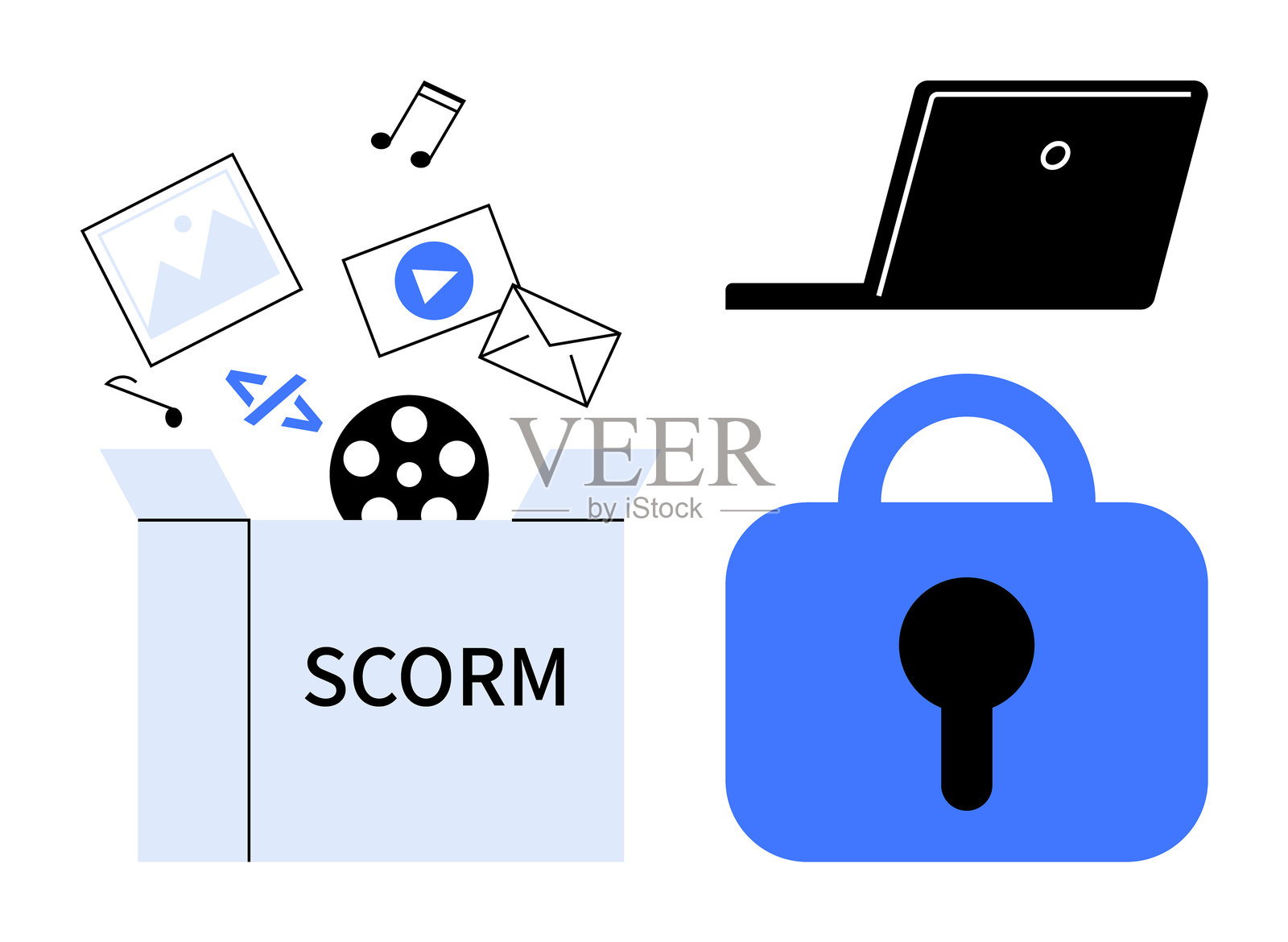 带有安全挂锁的笔记本电脑上的SCORM电子学习数字媒体插画图片素材