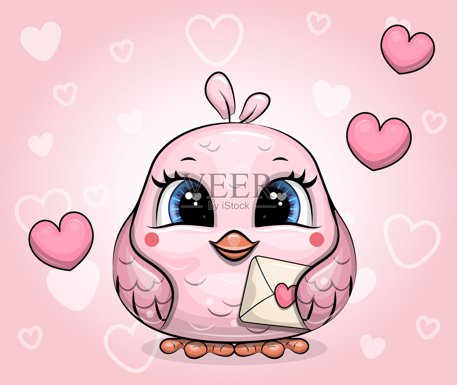 可爱的卡通粉色小鸟拿着一封情书。插画图片素材