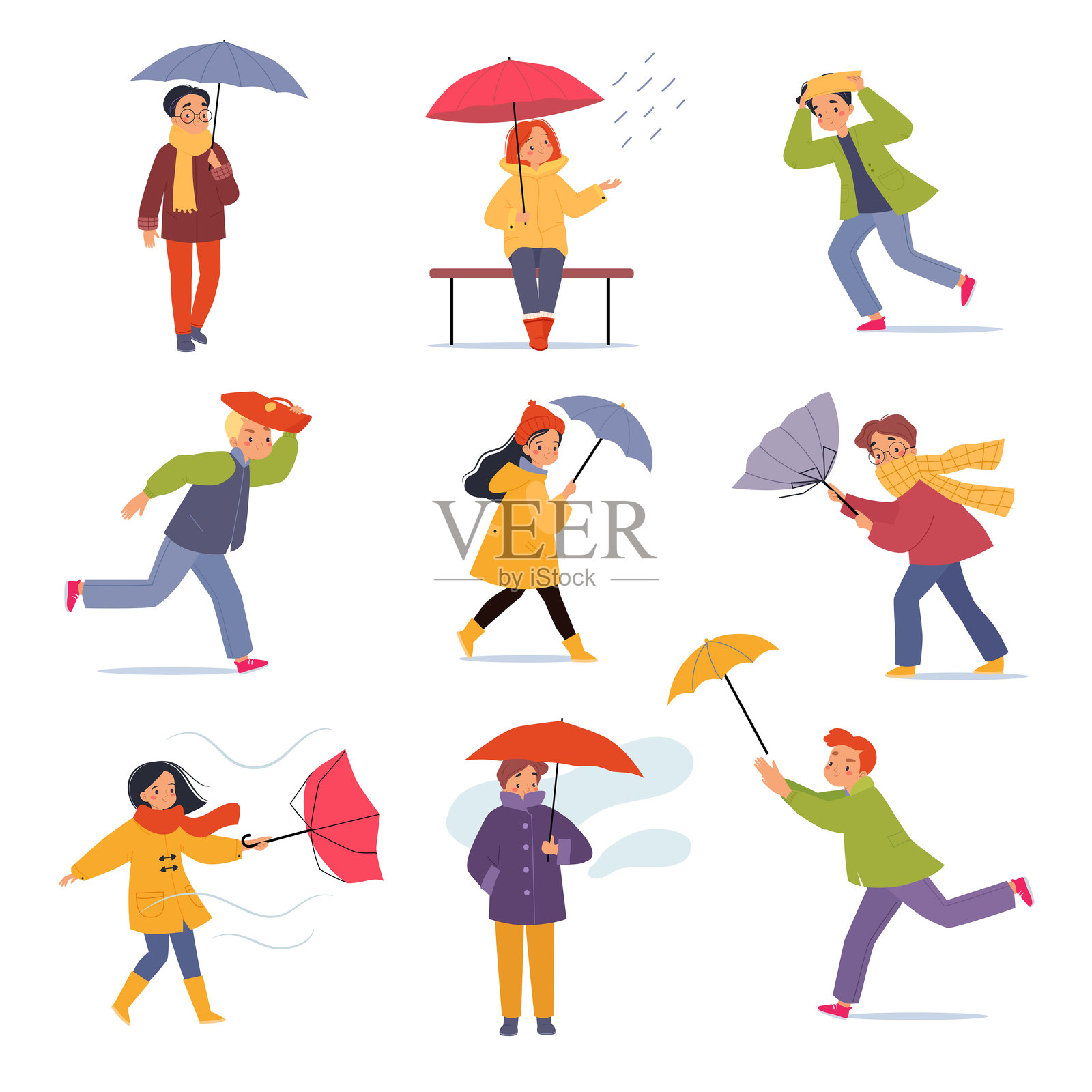 风暴和雨中撑伞行走的男女矢量图集插画图片素材