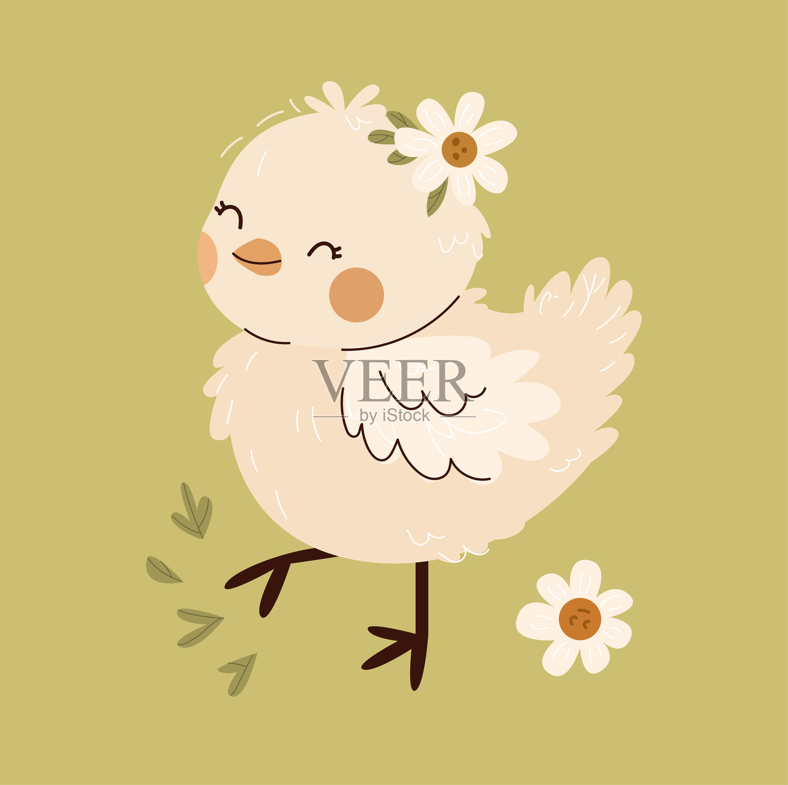 可爱的鸡与花朵。鸡的矢量插图。可爱的农场动物。插画图片素材