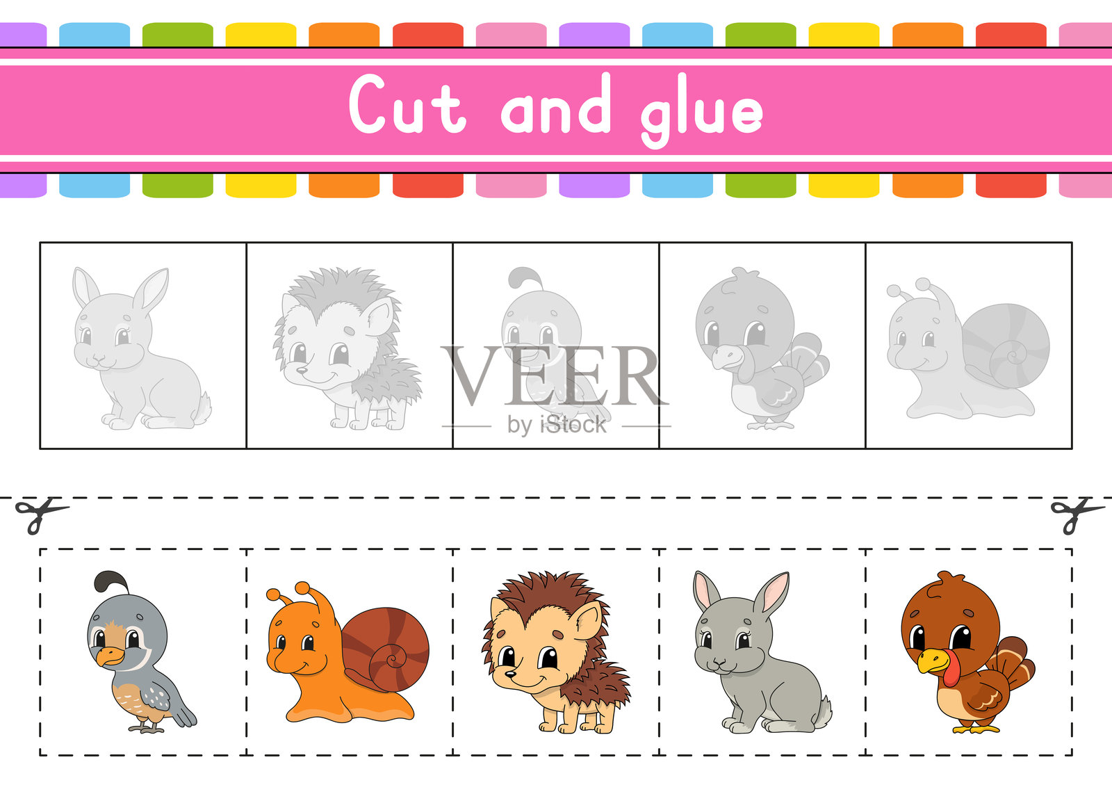 剪切和玩。纸质游戏与胶水。闪卡。教育工作表。活动页面。剪刀练习。矢量插图。插画图片素材