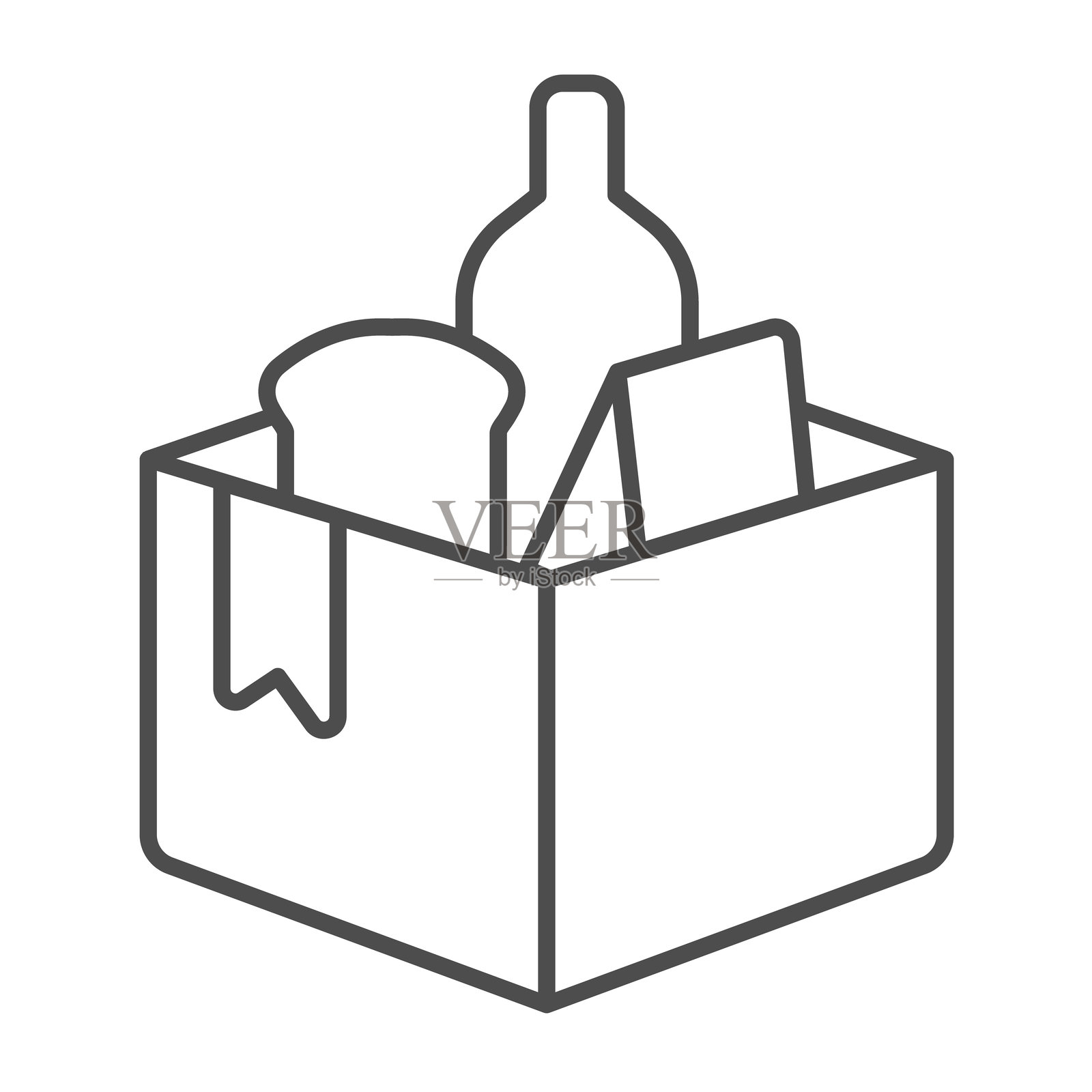 食品和饮料的纸箱薄线图标，慈善概念。矢量图形。人道主义援助箱，白色背景上的捐赠标志，适用于移动或网页设计的轮廓风格图标。插画图片素材