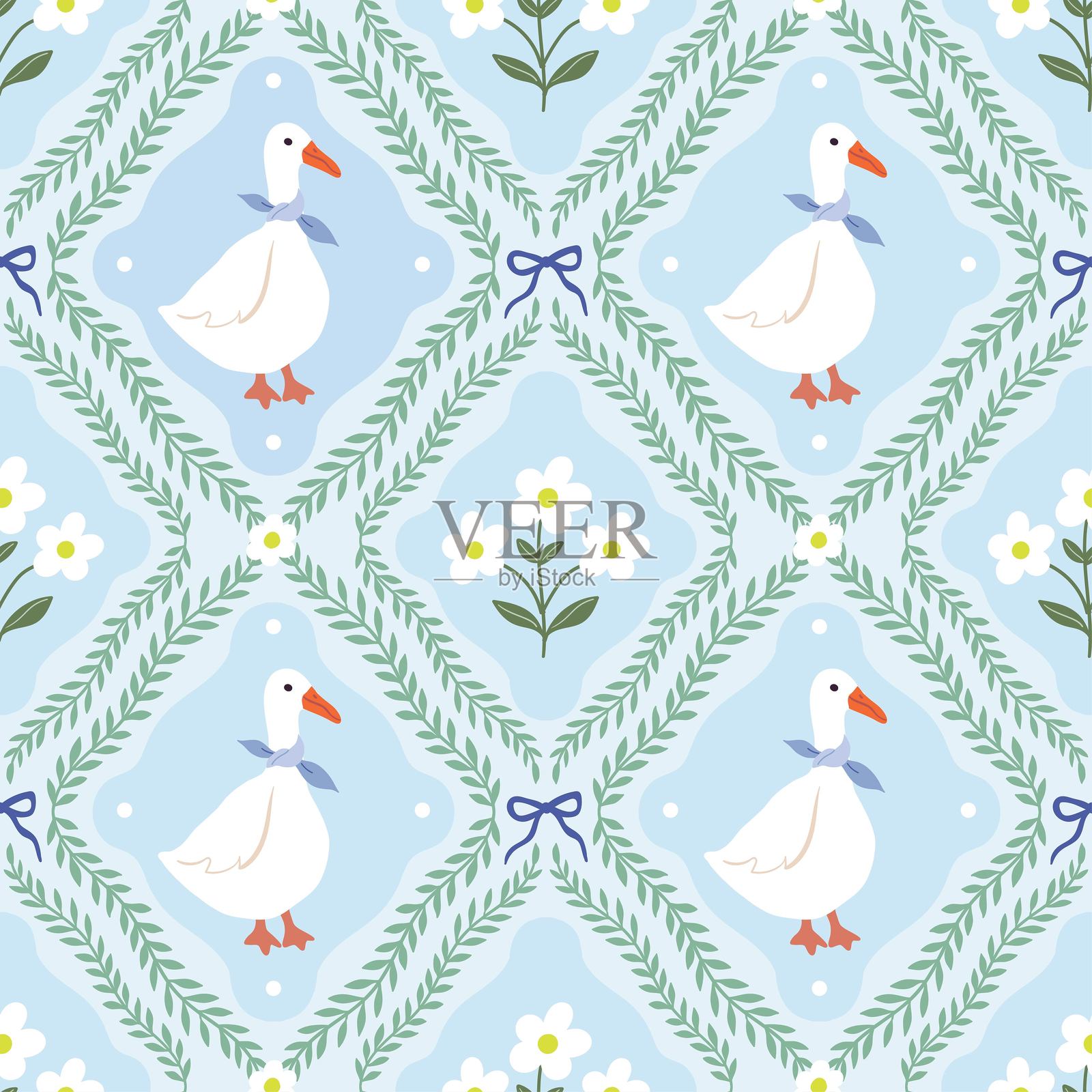 春夏季节的无缝图案，带有鹅和花朵，复古皇家壁纸，迷人的背景插画图片素材