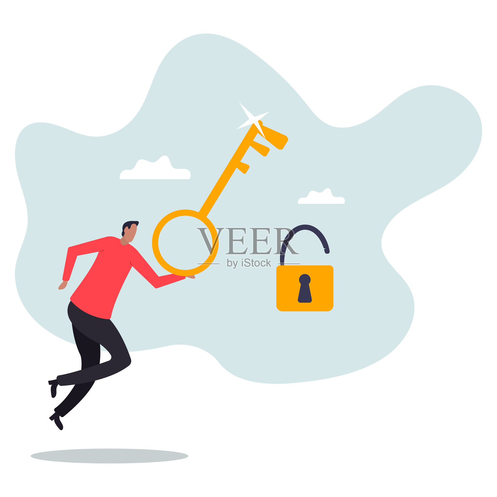 金钥匙解锁，解决商业问题，专业人士提供解决方案，成功的商业钥匙或解锁商业可达性。设计角色。插画图片素材