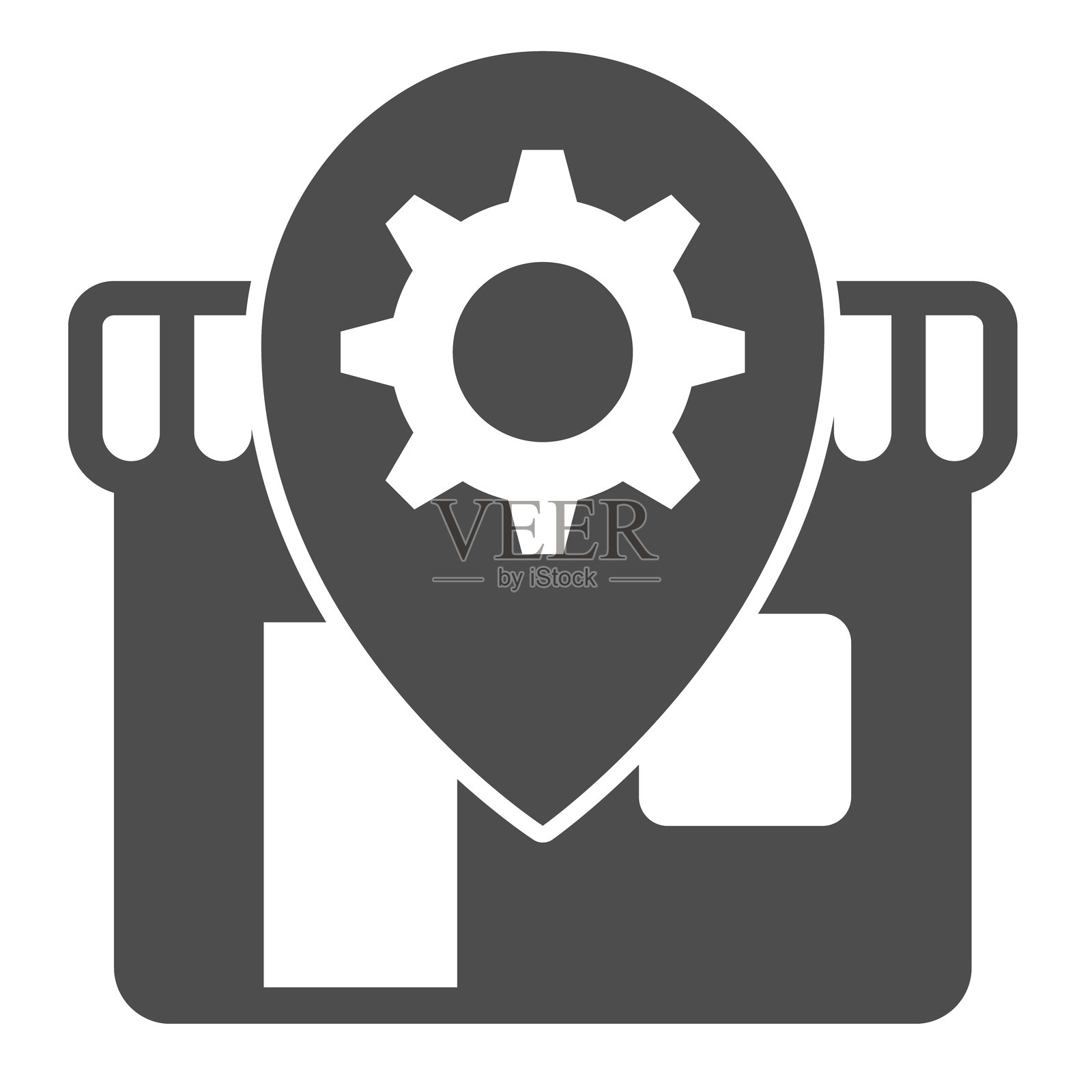 带齿轮的商店位置图标，维修服务概念。矢量图形。白色背景上的工作坊标志，适用于移动或网页设计的图形风格图标。插画图片素材