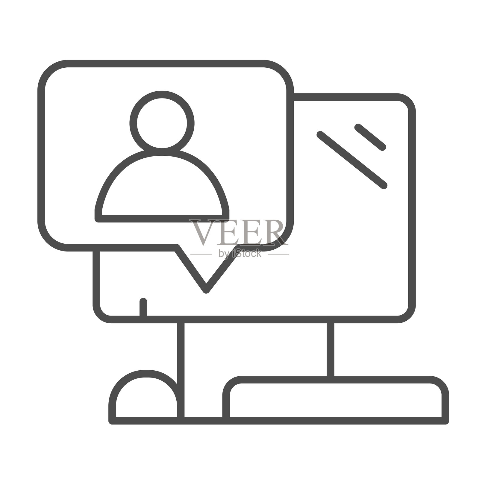 带用户消息的计算机细线图标，远程工作概念。矢量图形。白色背景上的显示器、屏幕和弹出窗口标志，适用于移动或网页设计的轮廓风格图标。插画图片素材