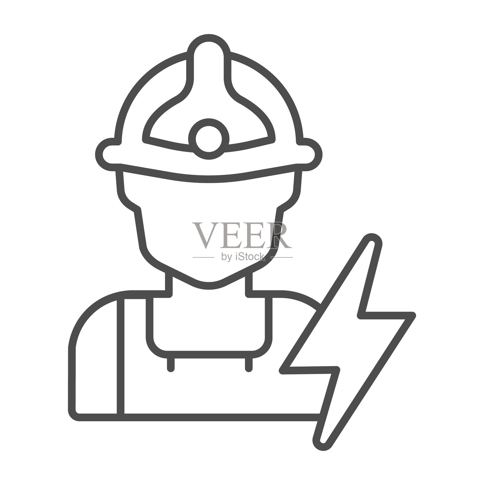 电工戴着头盔和闪电的细线图标，电气服务概念。矢量图形。手持手电筒的工人标志，白色背景上的轮廓风格图标，适用于移动或网页设计。插画图片素材