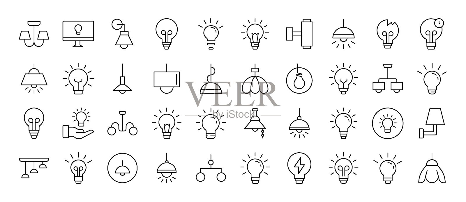 灯泡、台灯、吊灯薄图标集合。可编辑的线条。适合网站、书籍、卡片、应用程序。插画图片素材