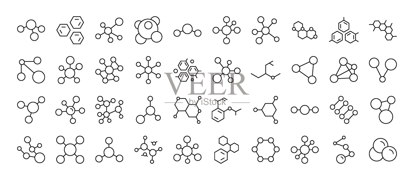 化学线条图标集。包含原子和化合物的图标，可用于卡片、帖子、应用程序和网站的设计。插画图片素材