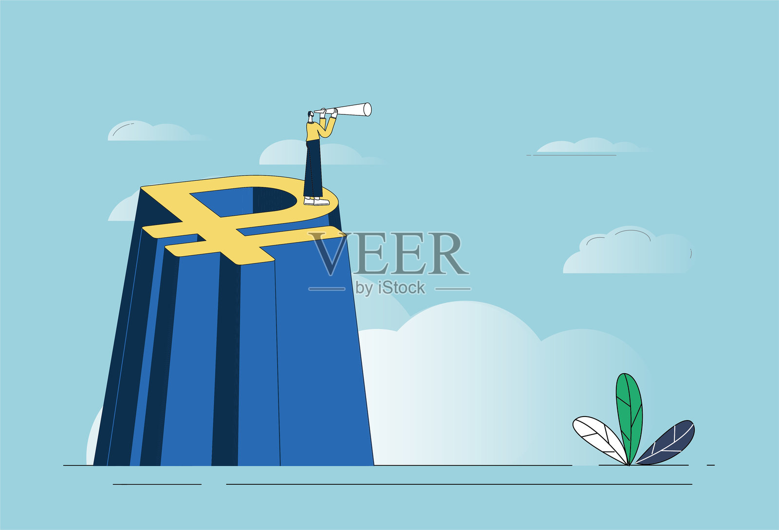 商人在俄罗斯卢布货币山顶上用望远镜寻找商业机会。插画图片素材