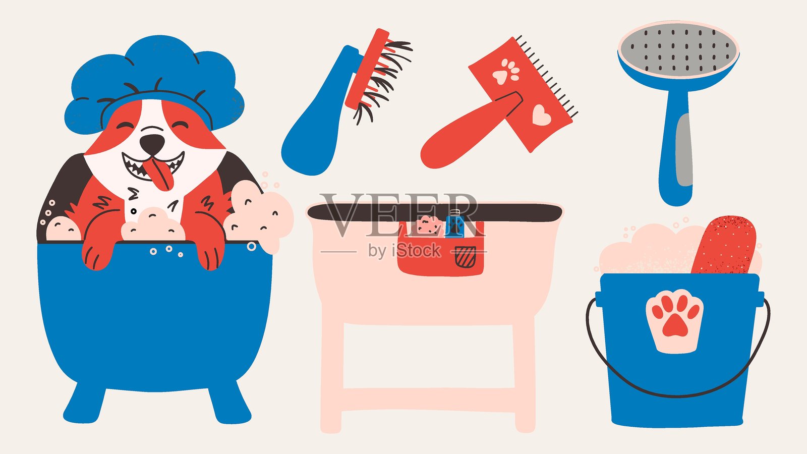 狗美容手绘套装。可爱的狗狗在泡沫浴中洗澡。照顾家宠的工具。宠物洗澡。矢量插图。插画图片素材