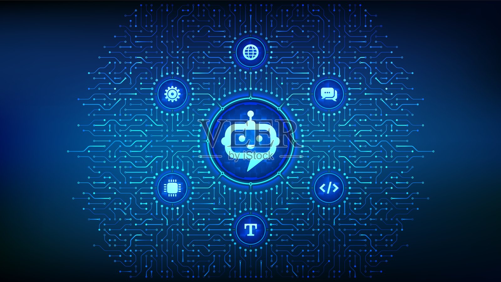 聊天机器人。聊天助手应用程序。智能助手。人工智能。人工智能技术概念。神经网络。带有电路板连接和科技图标的背景。矢量插图。插画图片素材