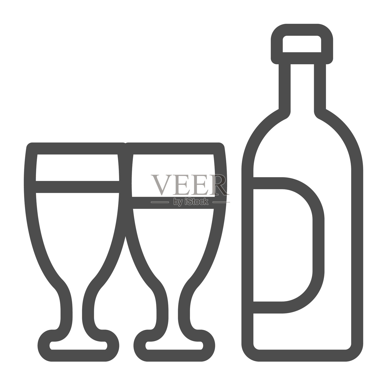 酒杯和酒瓶的线条图标，酒庄概念。矢量图形。白色背景上的酒瓶和酒杯配对标志，适用于移动或网页设计的轮廓风格图标。插画图片素材