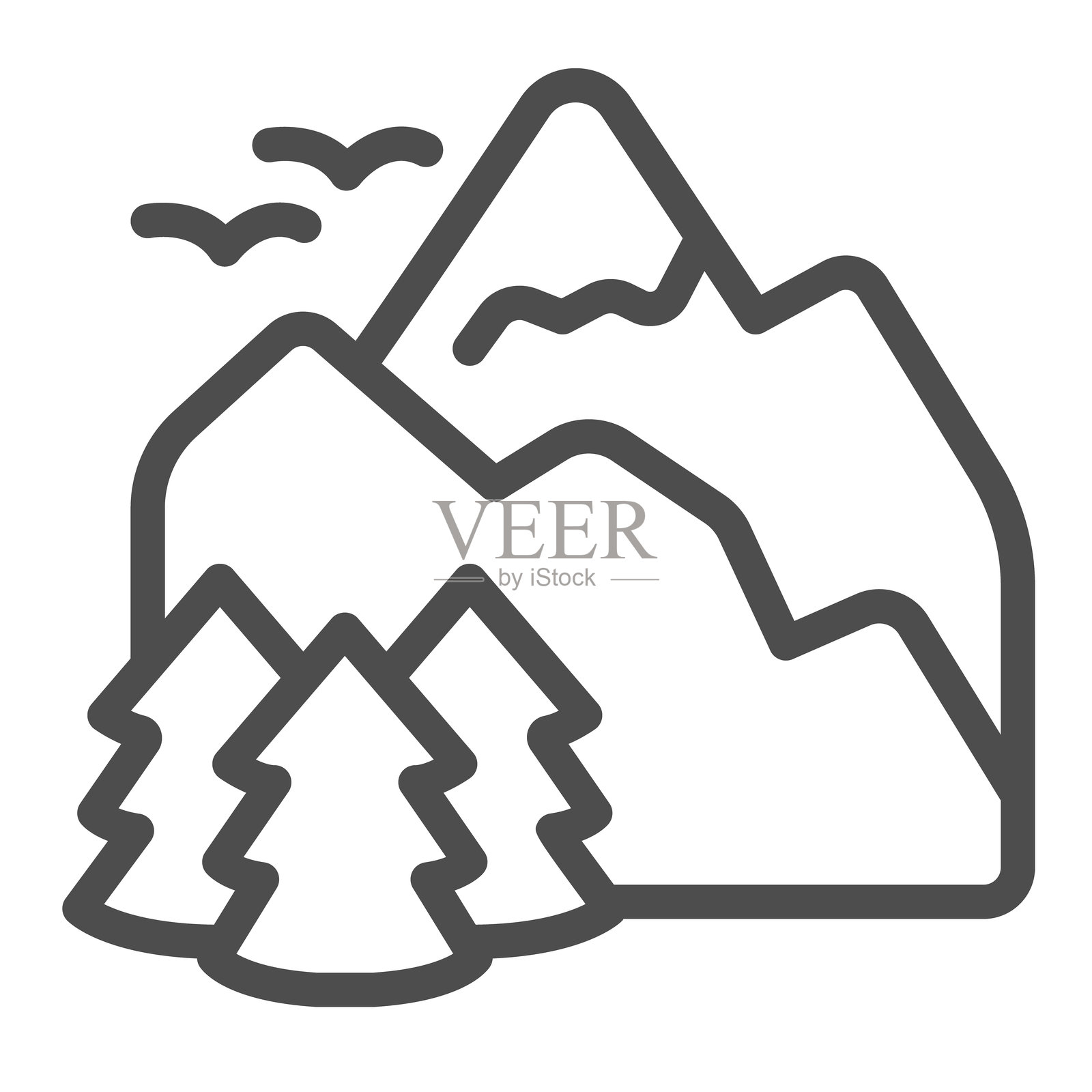 山脉与森林和鸟类的线条图标，生态旅游概念。矢量图形。自然风景标志，白色背景上的轮廓风格图标，适用于移动或网页设计。插画图片素材