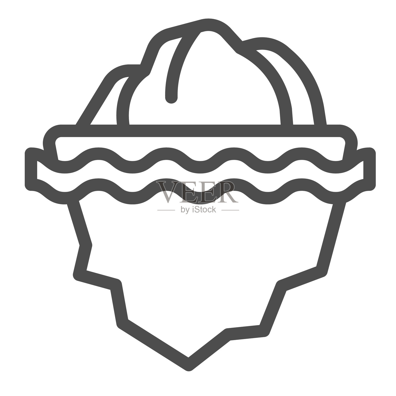 冰山顶部和水波线图标，气候变化概念。矢量图形。水下冰山，冰融化标志，白色背景上的轮廓风格图标，适用于移动或网页设计。插画图片素材