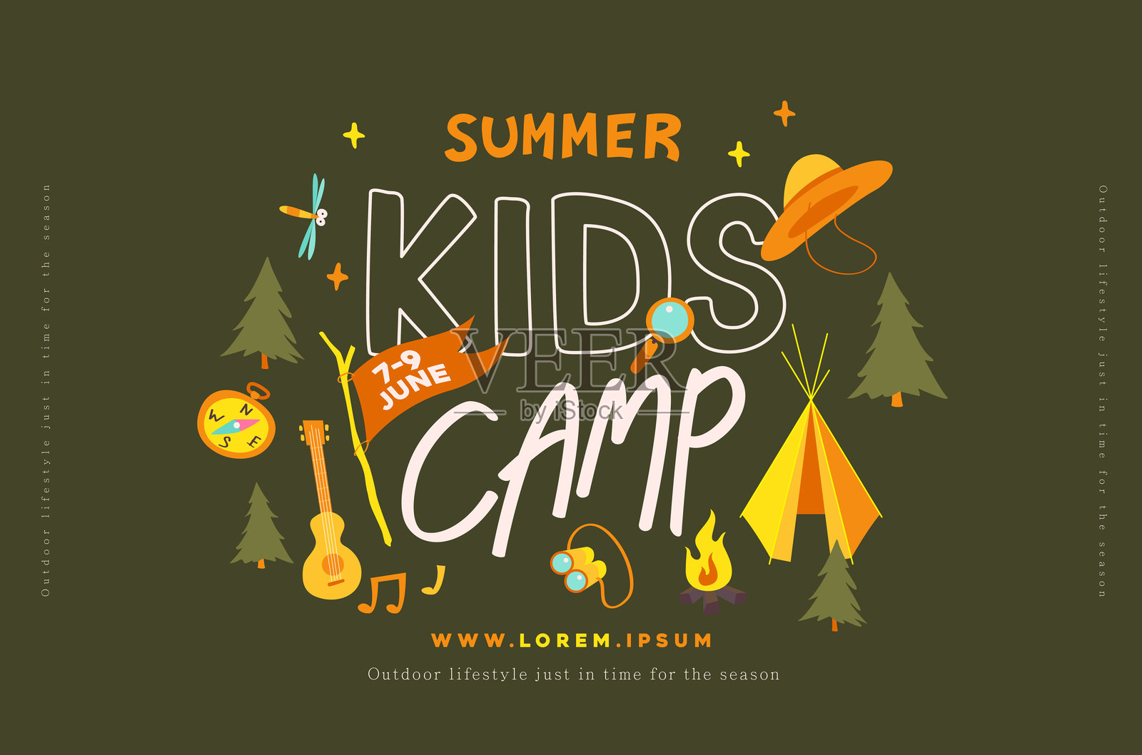 儿童夏令营海报横幅，冒险自然背景，包含夏令营冒险活动套件插画图片素材