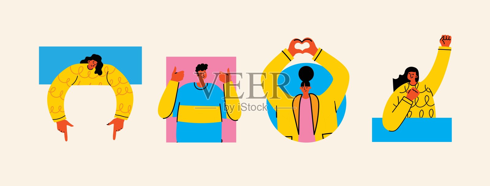 可爱的角色插图，展示不同人的各种手势、姿态和情感表达。轮廓，细线艺术，手绘草图，黑白墨水风格。插画图片素材