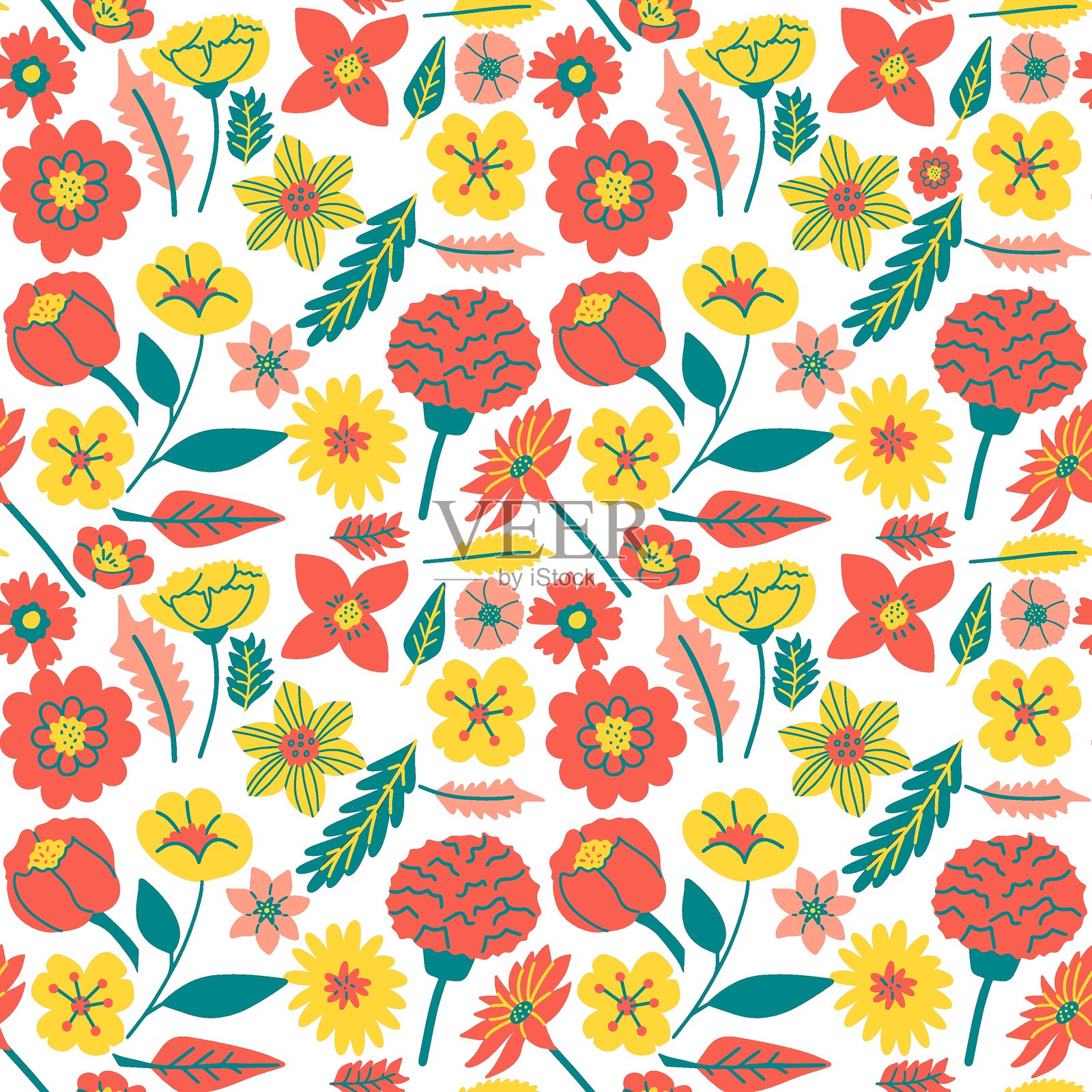无缝夏季图案，手绘抽象彩色花朵。插画图片素材