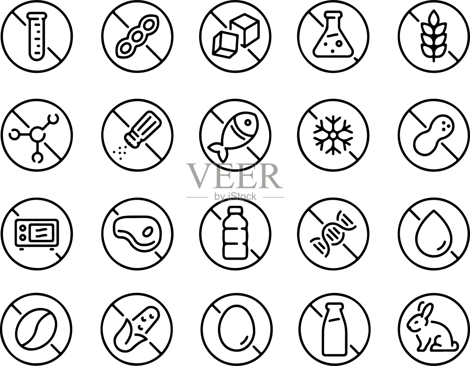完美像素的过敏、过敏原、食品图标集。细线图标平面矢量插图，独立于白色和透明背景。插画图片素材