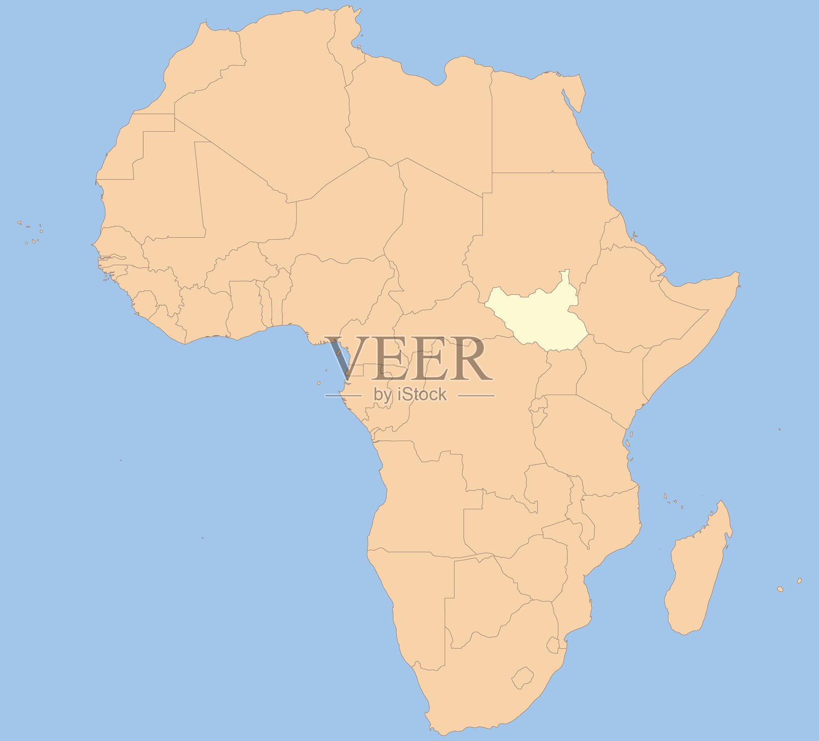 南苏丹在非洲大陆上的国家地图插画图片素材