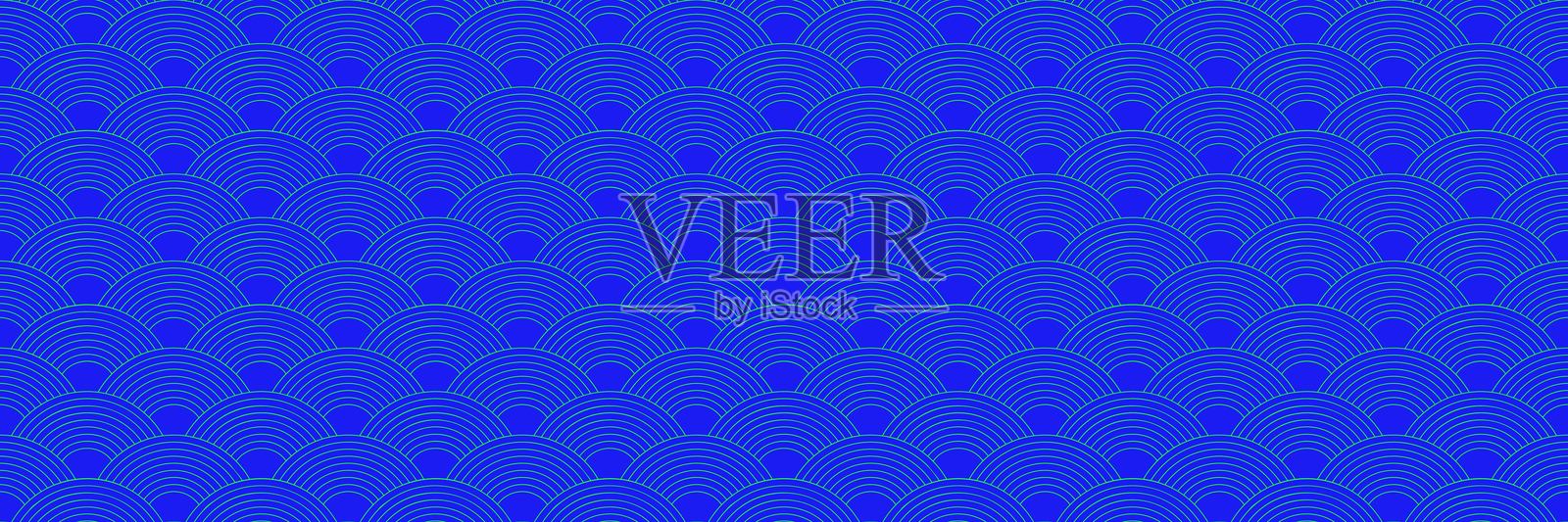 青海波日本波浪。日本水。蓝色和绿色的抽象无缝图案插画图片素材