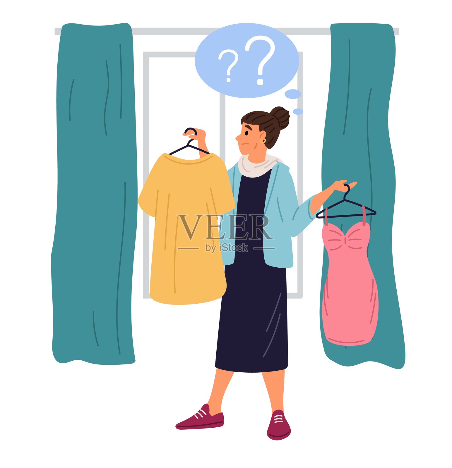 女性在试衣间选择要穿的裙子。选择问题。顾客试穿时尚服装。精品店促销。服装时尚。人们购买衣物。矢量购物概念。插画图片素材