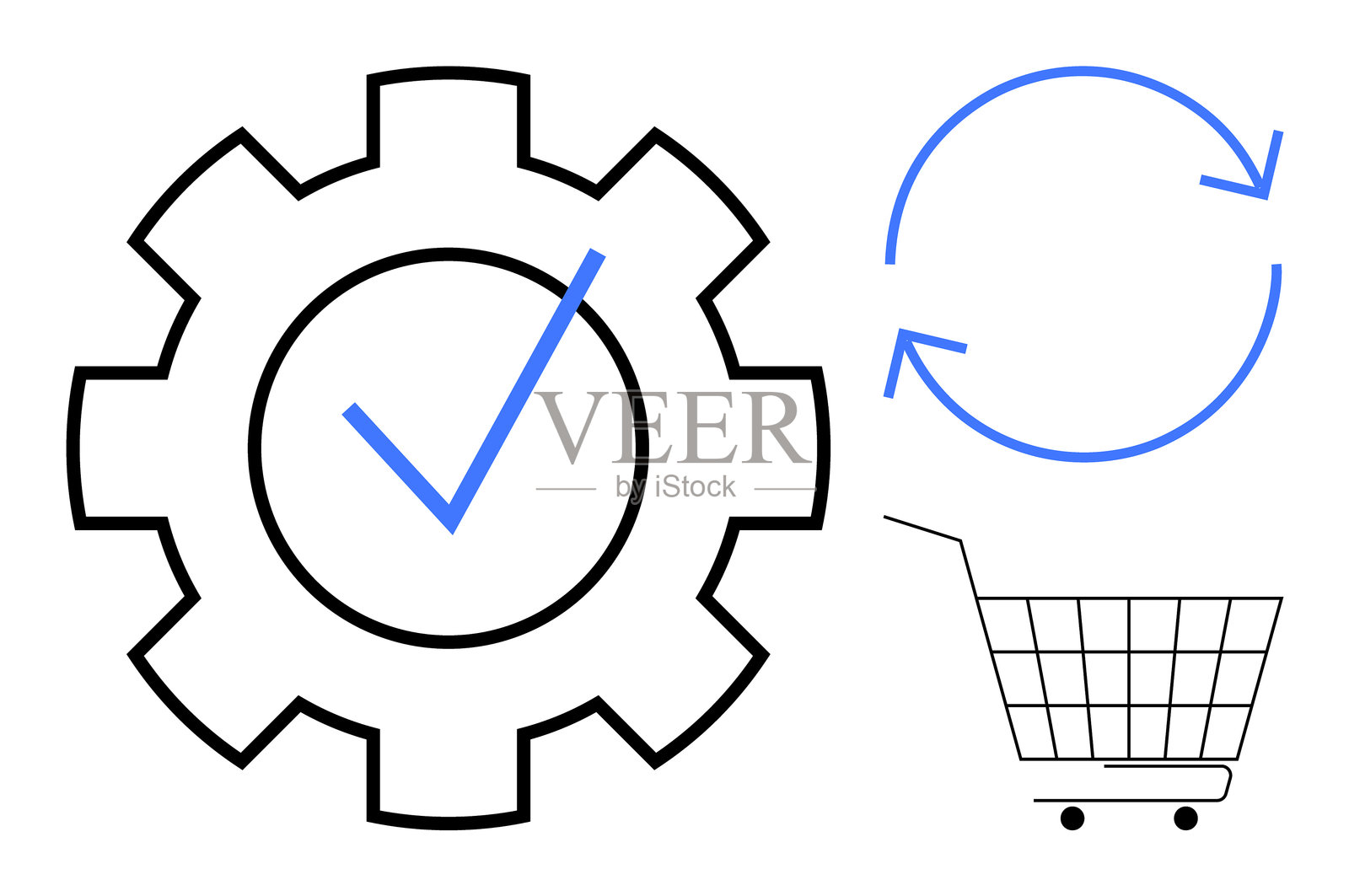 电子商务优化概念，包含齿轮、勾选标记、循环箭头和购物车插画图片素材