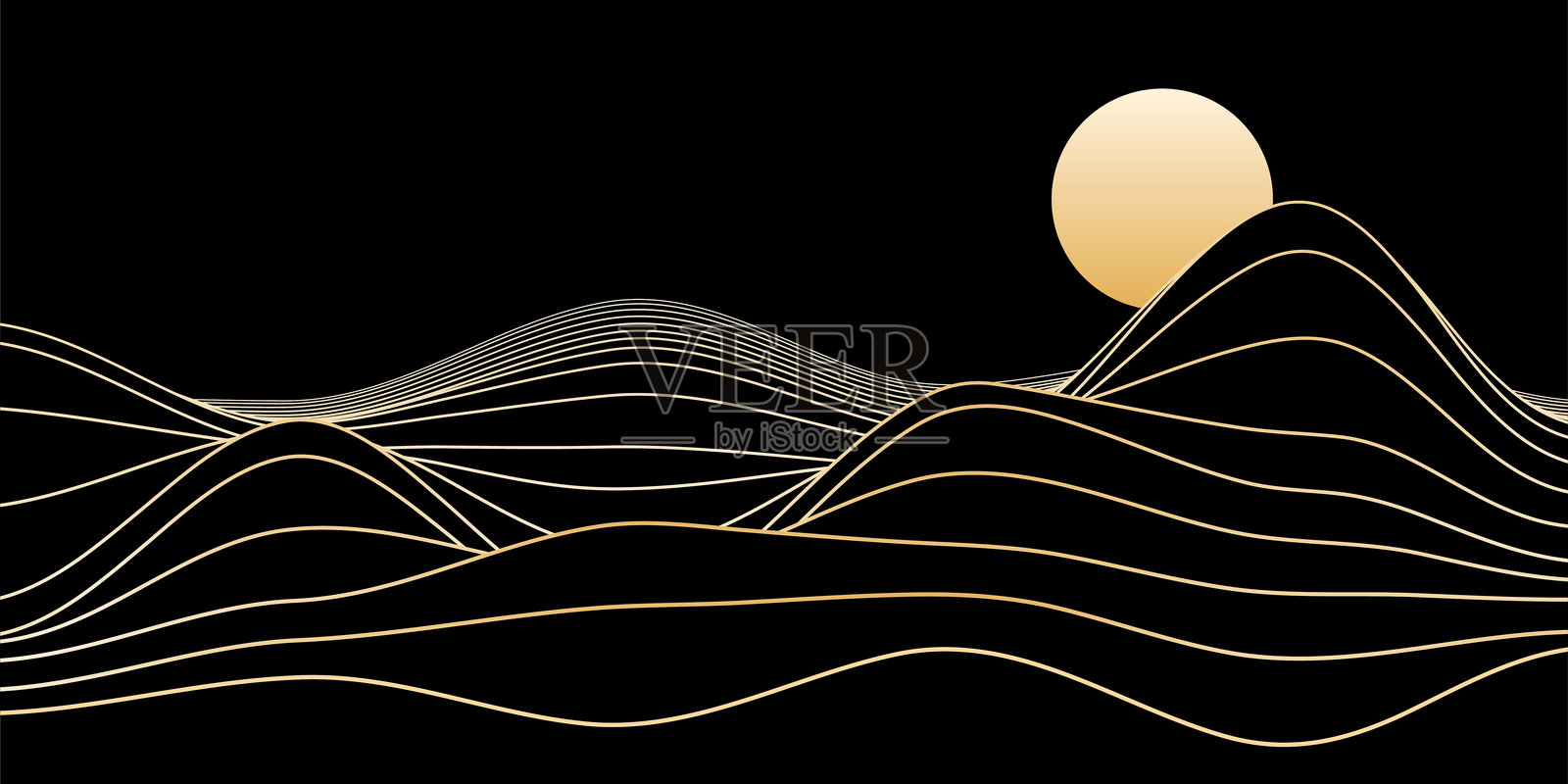 沙丘背景。山脉风景。极简主义金色线条艺术背景。黑色背景上孤立的滚动丘陵与发光的太阳。时尚的抽象未来主义矢量插图。插画图片素材