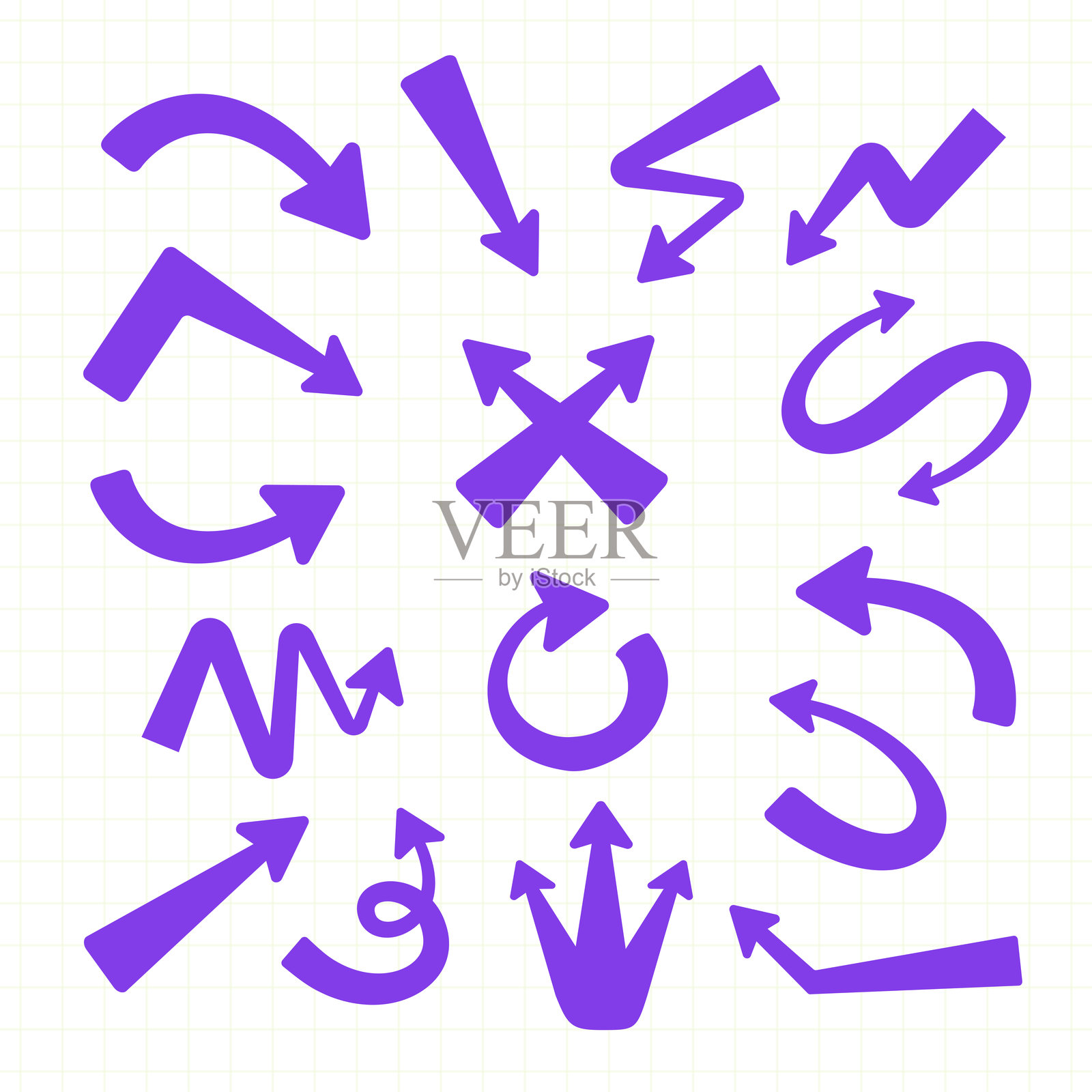 手绘箭头集合。简单的紫色箭头，独立于白色背景。插画图片素材