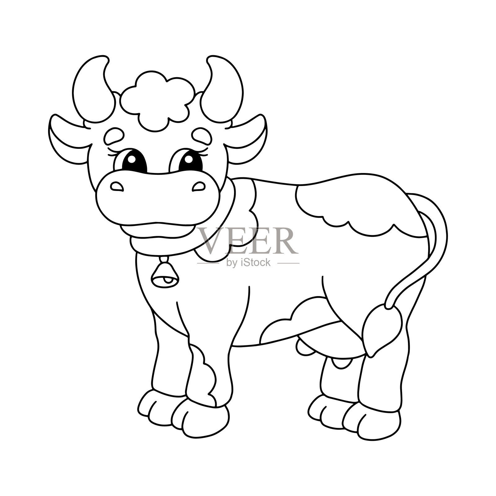 可爱的卡通牛角色以顽皮的姿势站立，脖子上挂着铃铛，展现出愉快的表情。插画图片素材