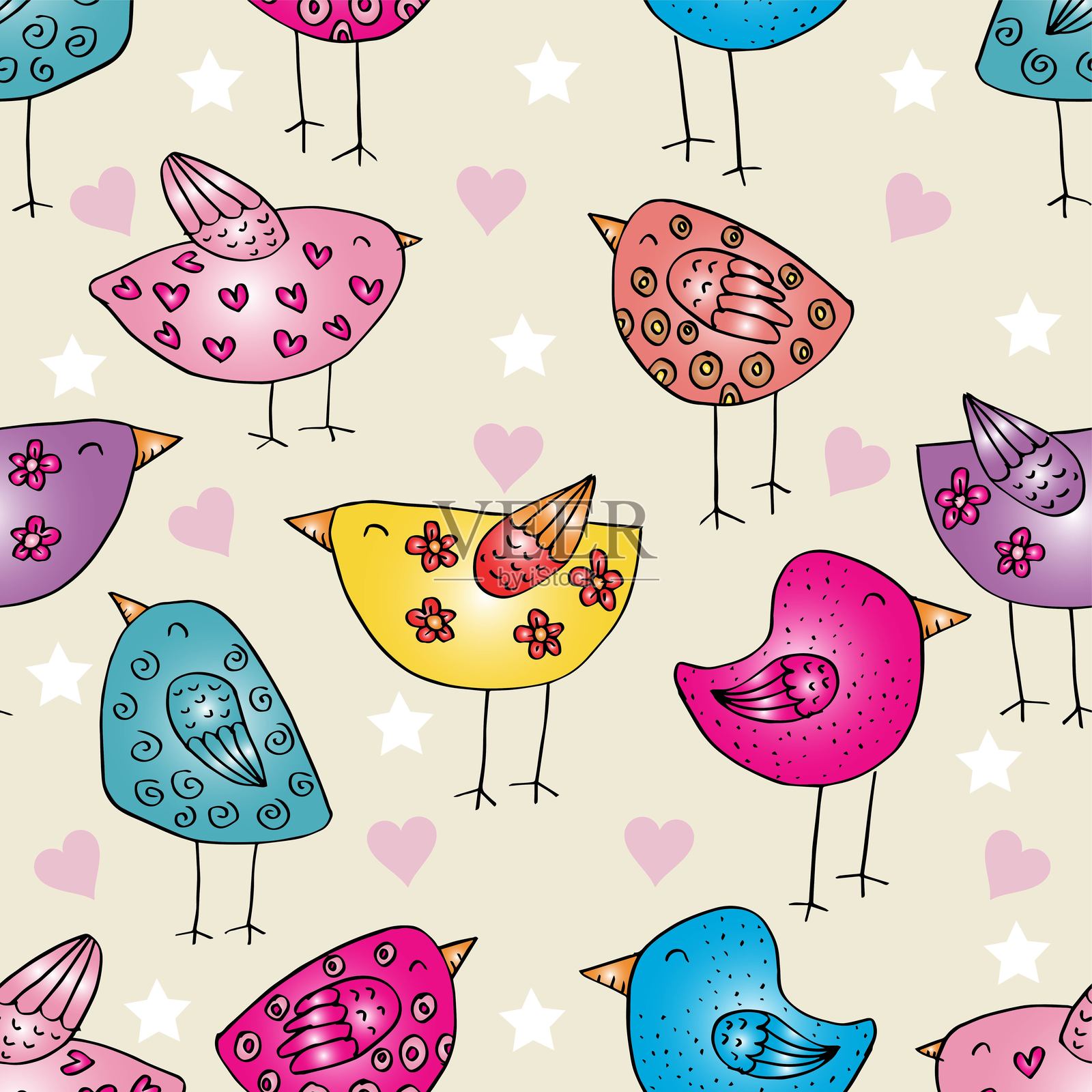 可爱鸟类和心形的无缝图案。矢量插图。插画图片素材