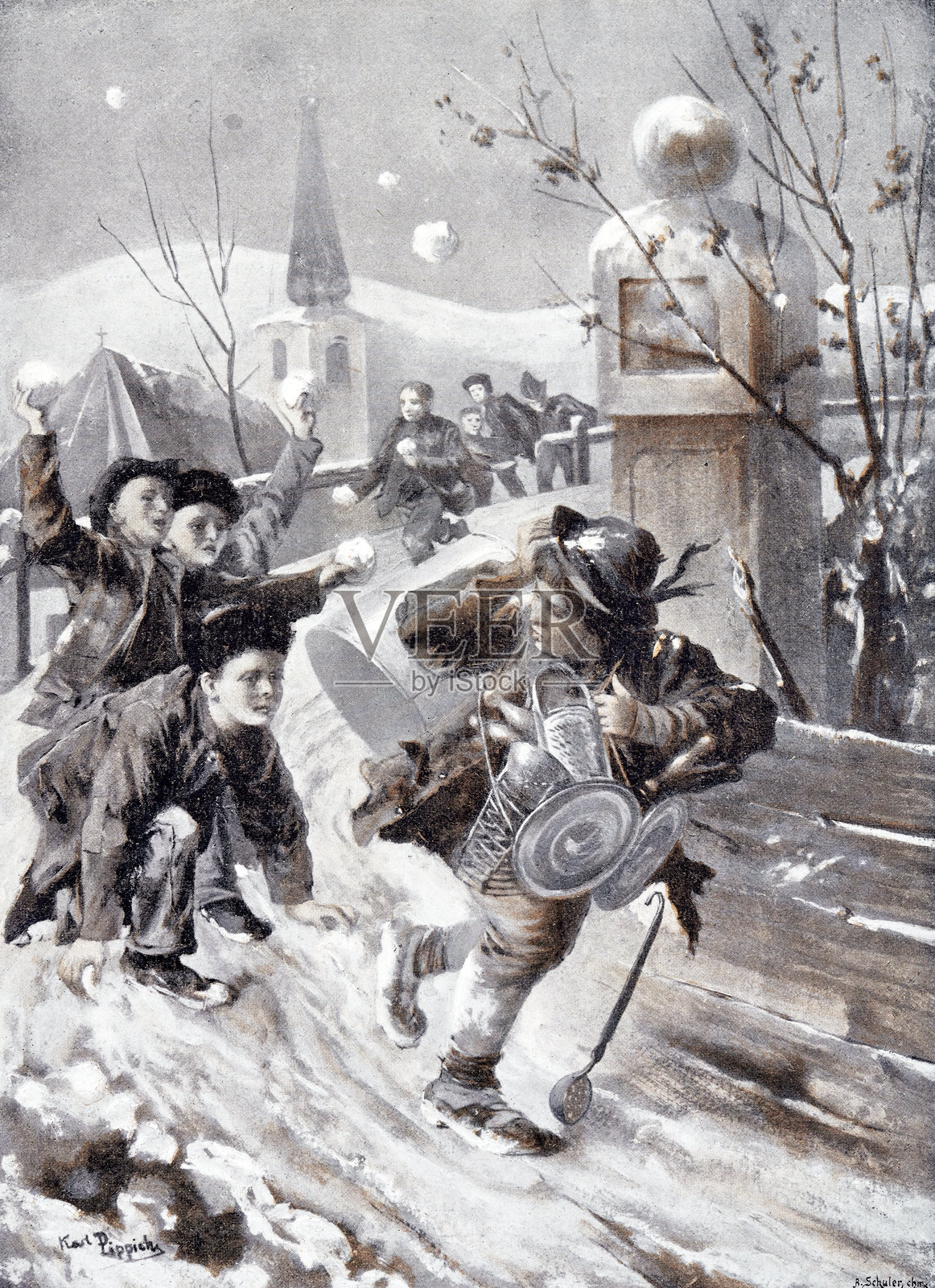 村里的男孩们用雪球驱赶一个旅行商人的儿子，并让他感到烦恼。插画图片素材