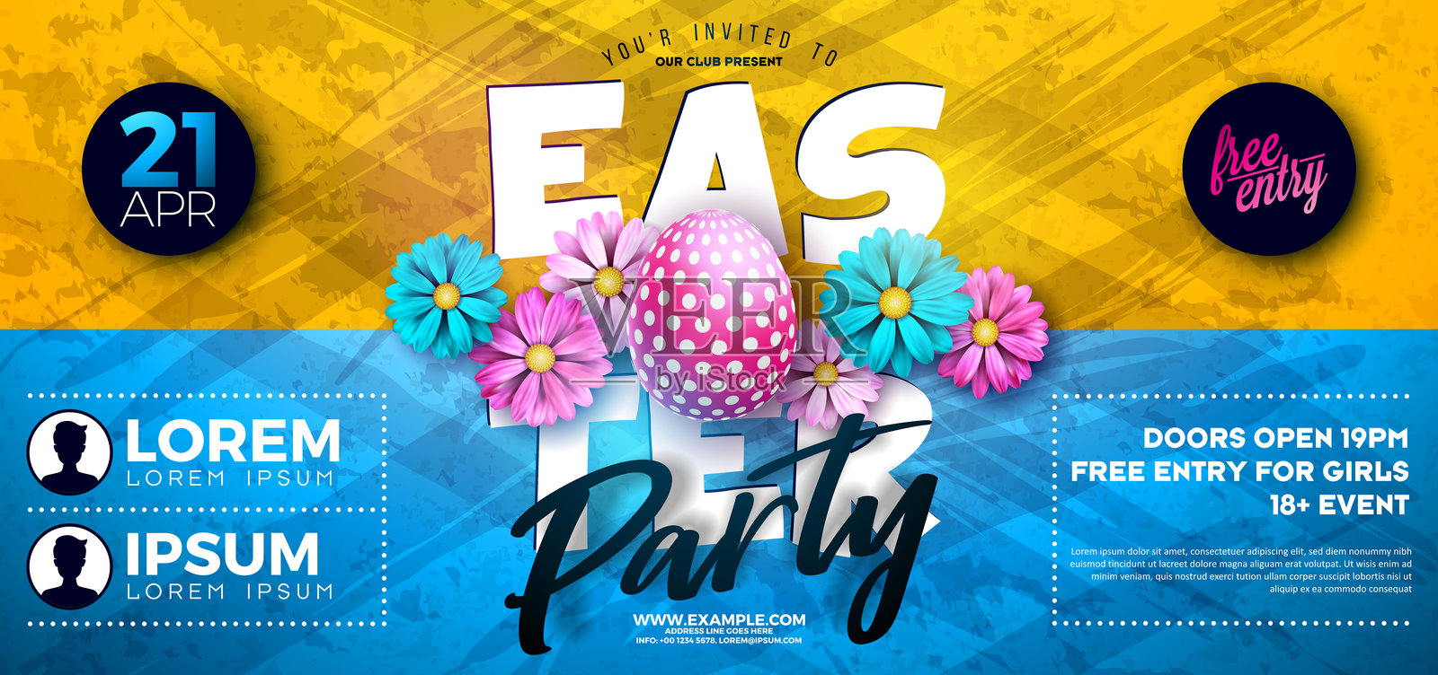 复活节派对传单插图，背景为自然蓝色，包含花朵、彩绘鸡蛋和排版字母。春季宗教节日庆祝海报设计模板，适用于横幅或邀请函。插画图片素材