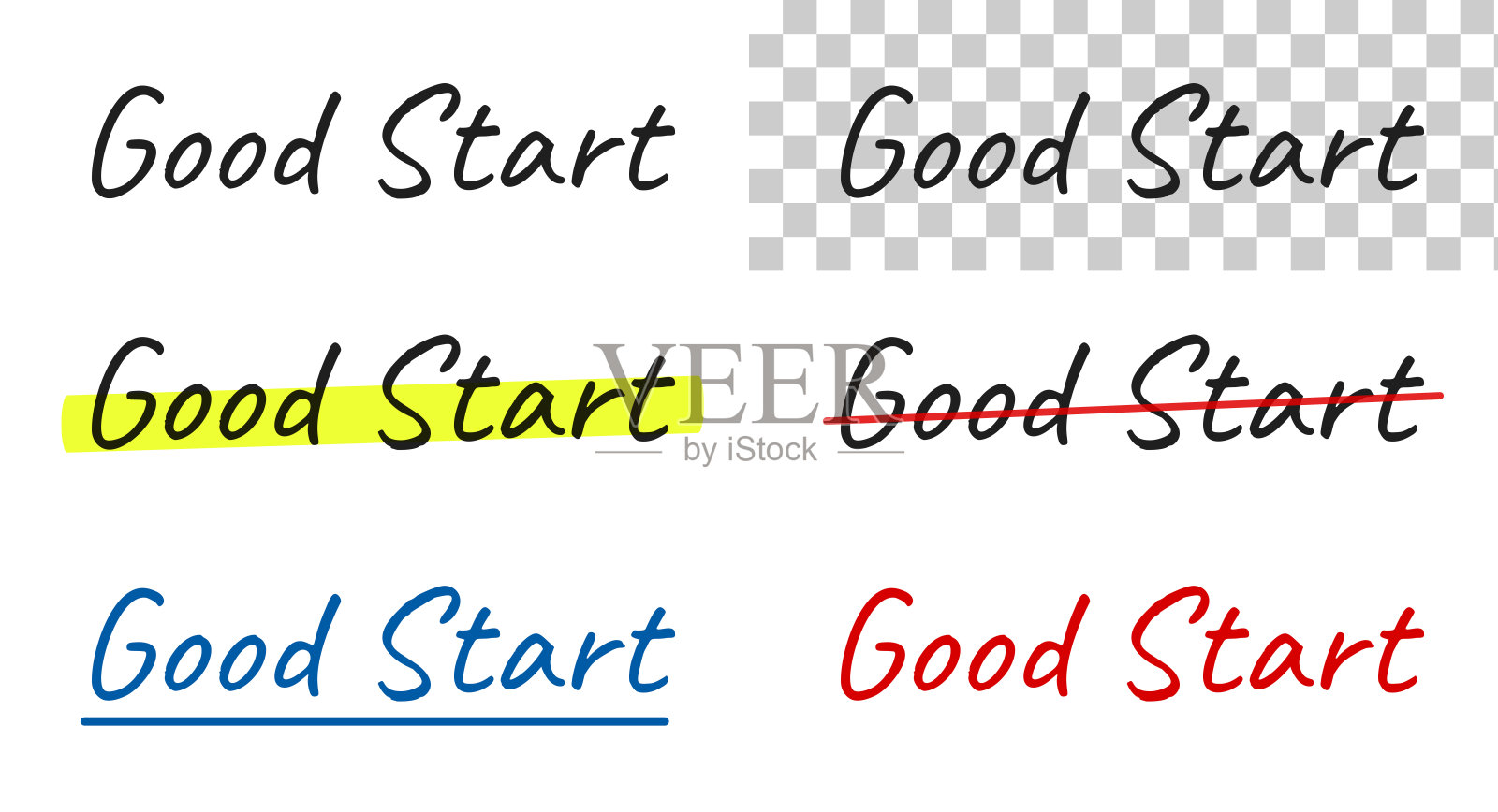 良好的开始 - 手写文本，突出显示，划掉，带下划线，背景为空白插画图片素材