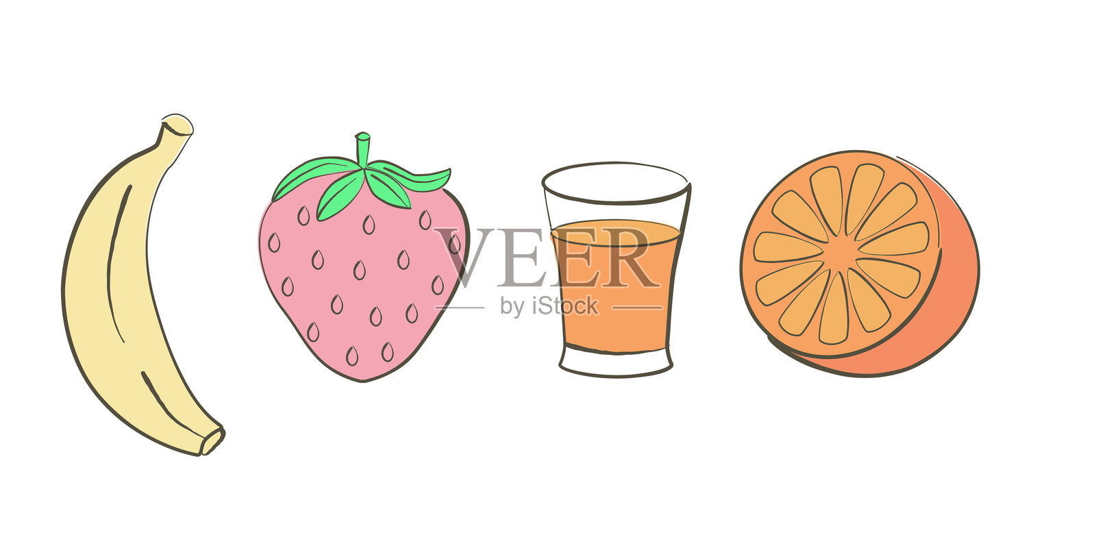 香蕉、草莓、橙子和果汁插图插画图片素材