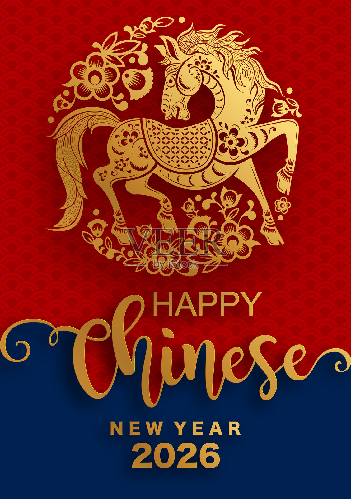 2026年快乐，马年，花朵、灯笼、亚洲元素，红色和金色剪纸风格的背景。插画图片素材