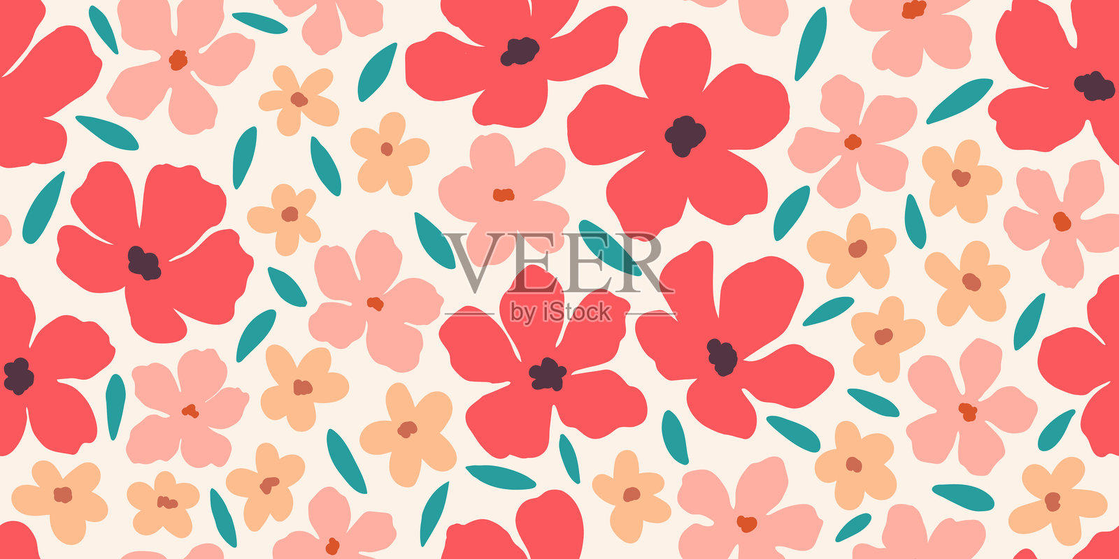 无缝花卉和叶子背景矢量图案。手绘复古花卉、花束和叶子的壁纸设计。复古植物花卉图案，面料，复古纹理。插画图片素材