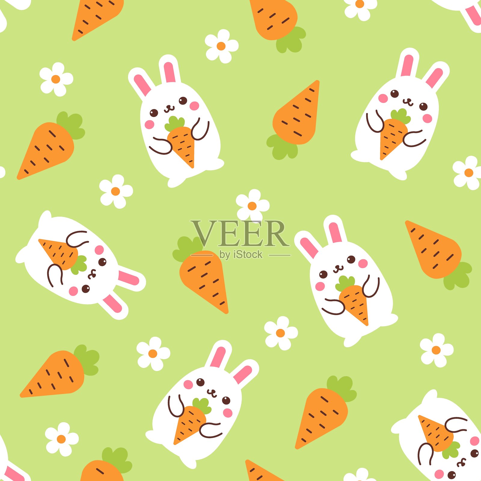 可爱的兔子和胡萝卜无缝图案纹理，采用愉悦的柔和色彩矢量插图。复活节兔子。春季拼贴背景。面料纺织品或礼品包装纸设计元素。时尚印花。插画图片素材