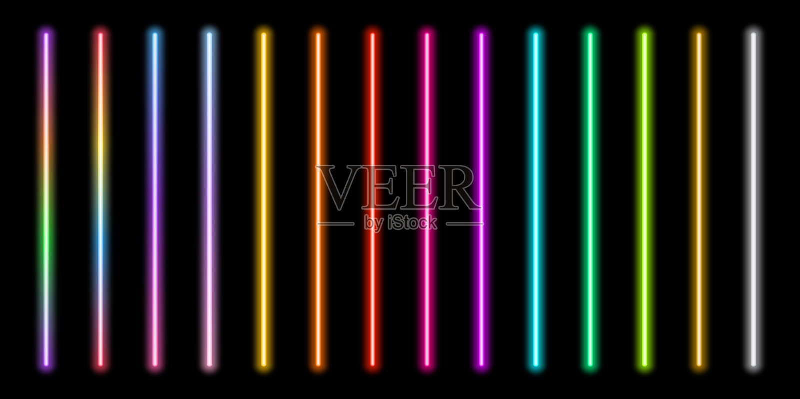 一组发光的彩虹色霓虹线条。用于派对和网站设计的发光霓虹复古灯管。黑色背景上的矢量激光光束。插画图片素材