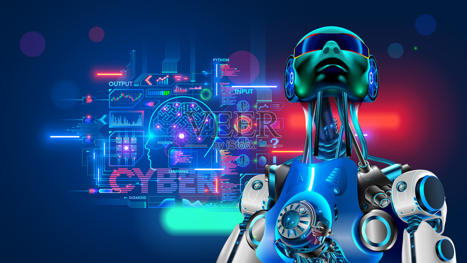 人工智能或人工智能与计算机大脑作为神经网络。神经网络的编程和深度机器学习。带有网络思维的机器人头部。抽象界面元素。插画图片素材