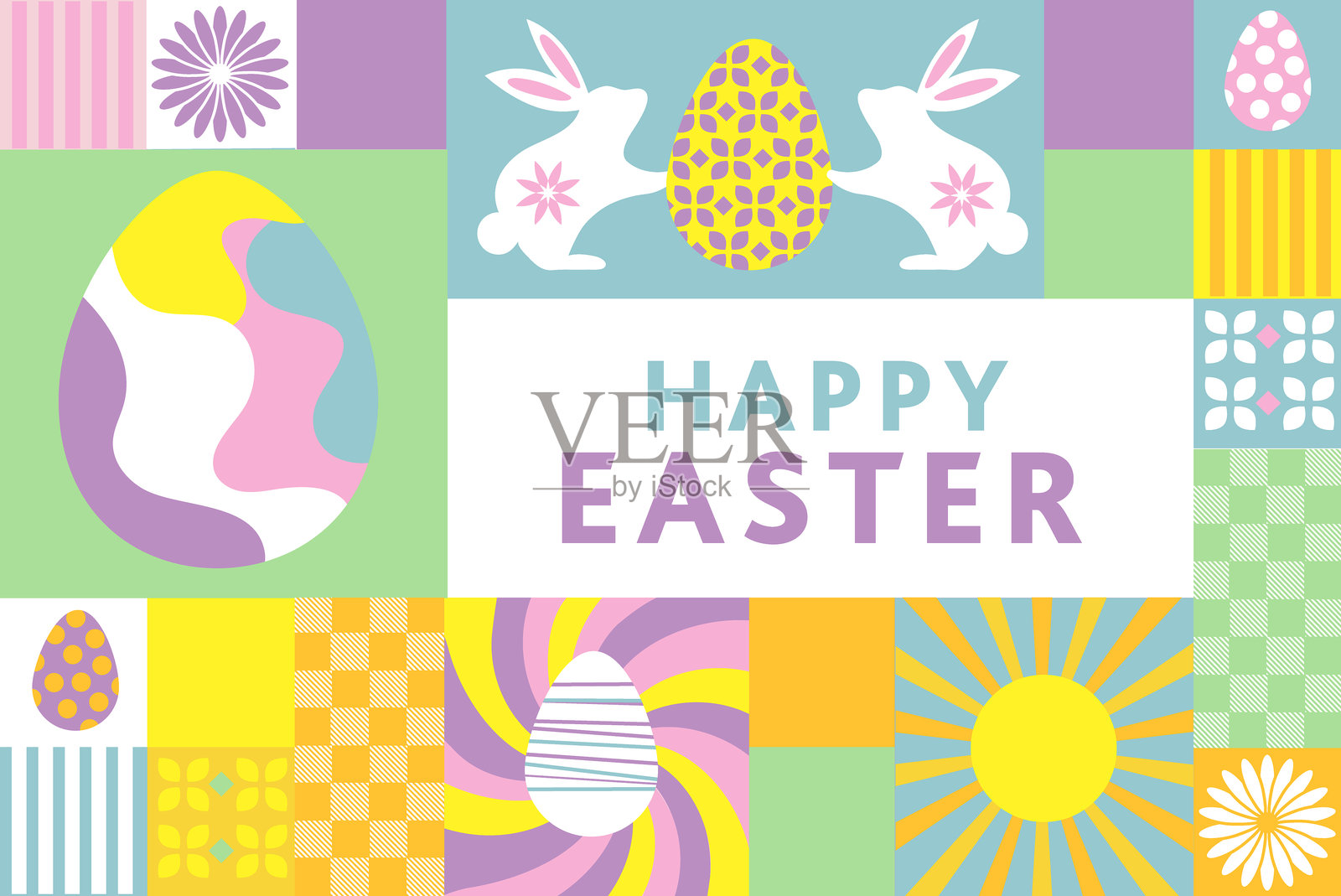 时尚现代的复活节马赛克网页横幅设计模板，包含花卉、彩蛋和兔子等多彩元素插画图片素材